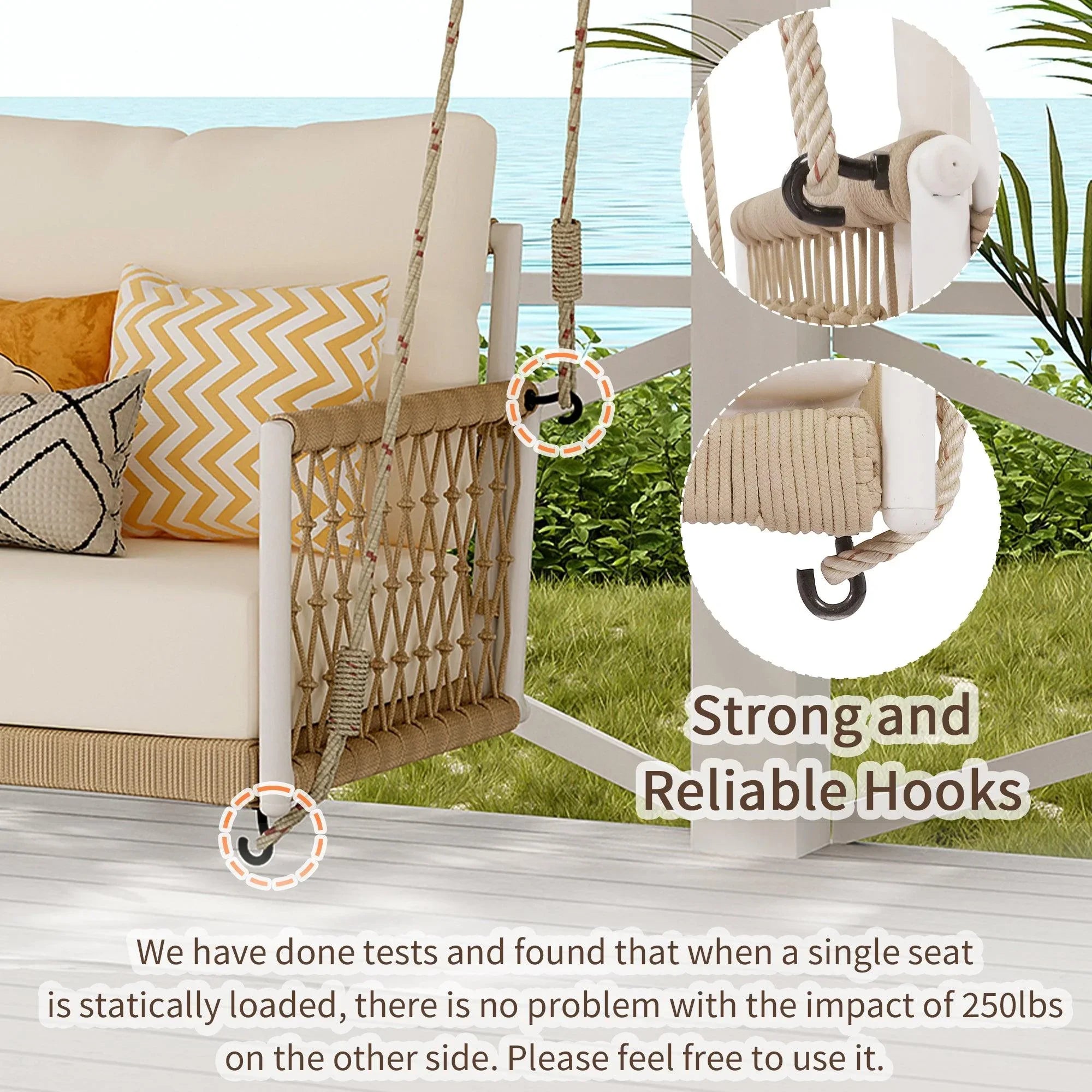 1-Piece Woven Rope Outdoor Swing Sofa with Soft Cushions Seating 2 for Patio, Courtyard and Balcony