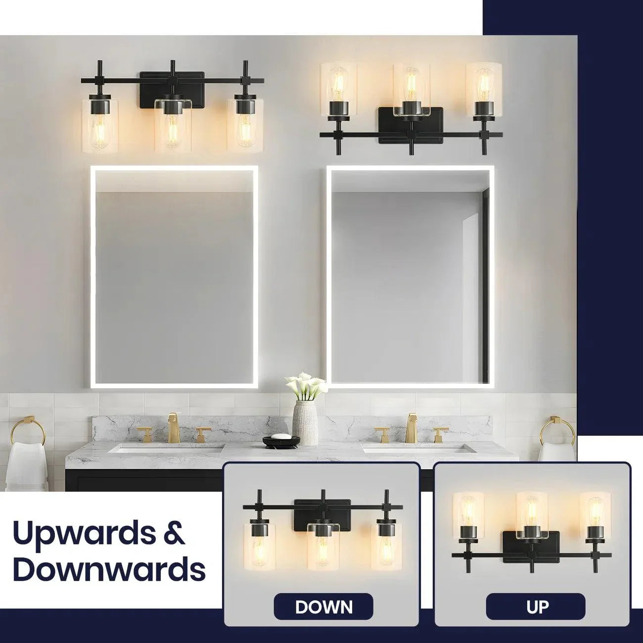 Jasper 3-Light Modern Clear Glass Bathroom Vanity Light, Black & Nickel