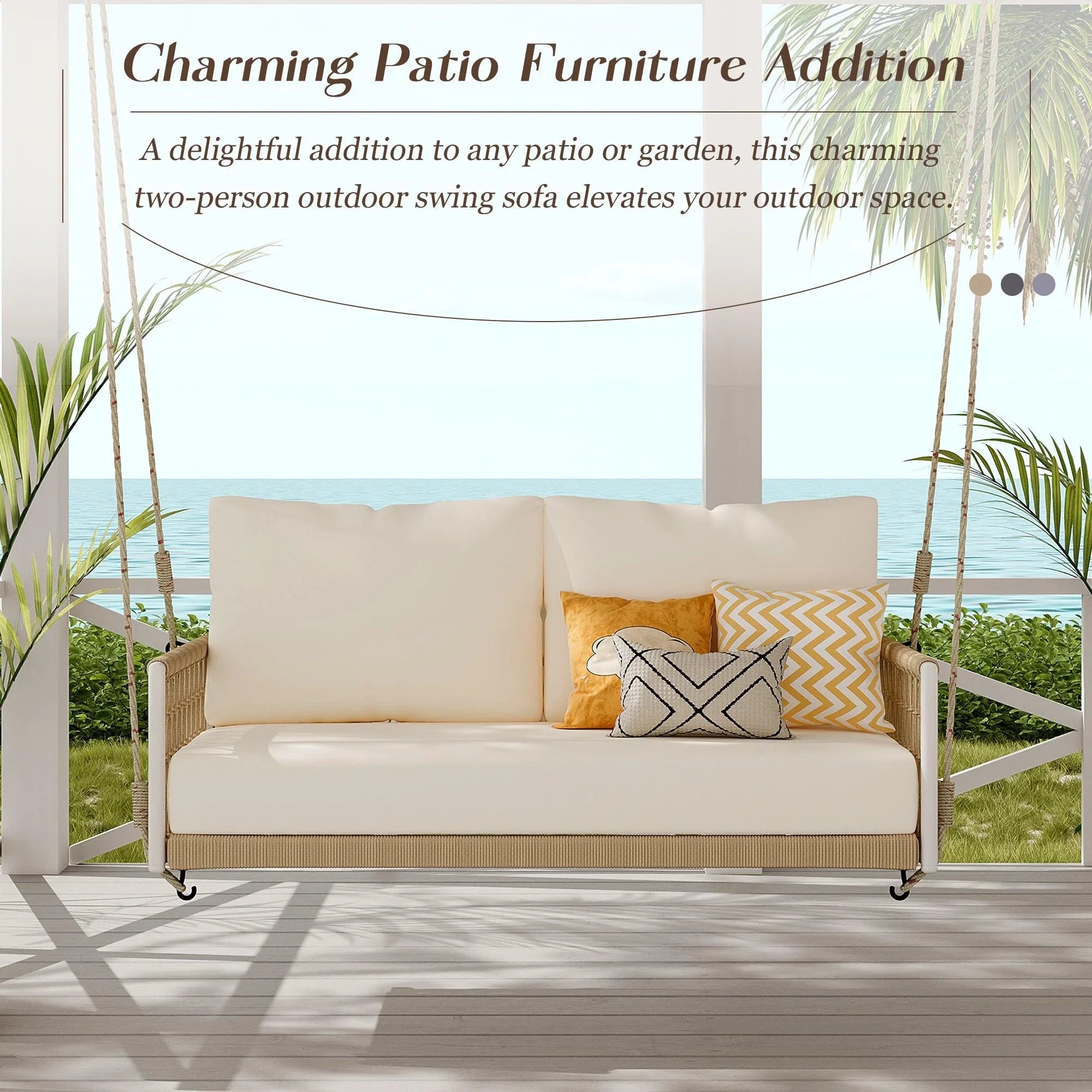 1-Piece Woven Rope Outdoor Swing Sofa with Soft Cushions Seating 2 for Patio, Courtyard and Balcony