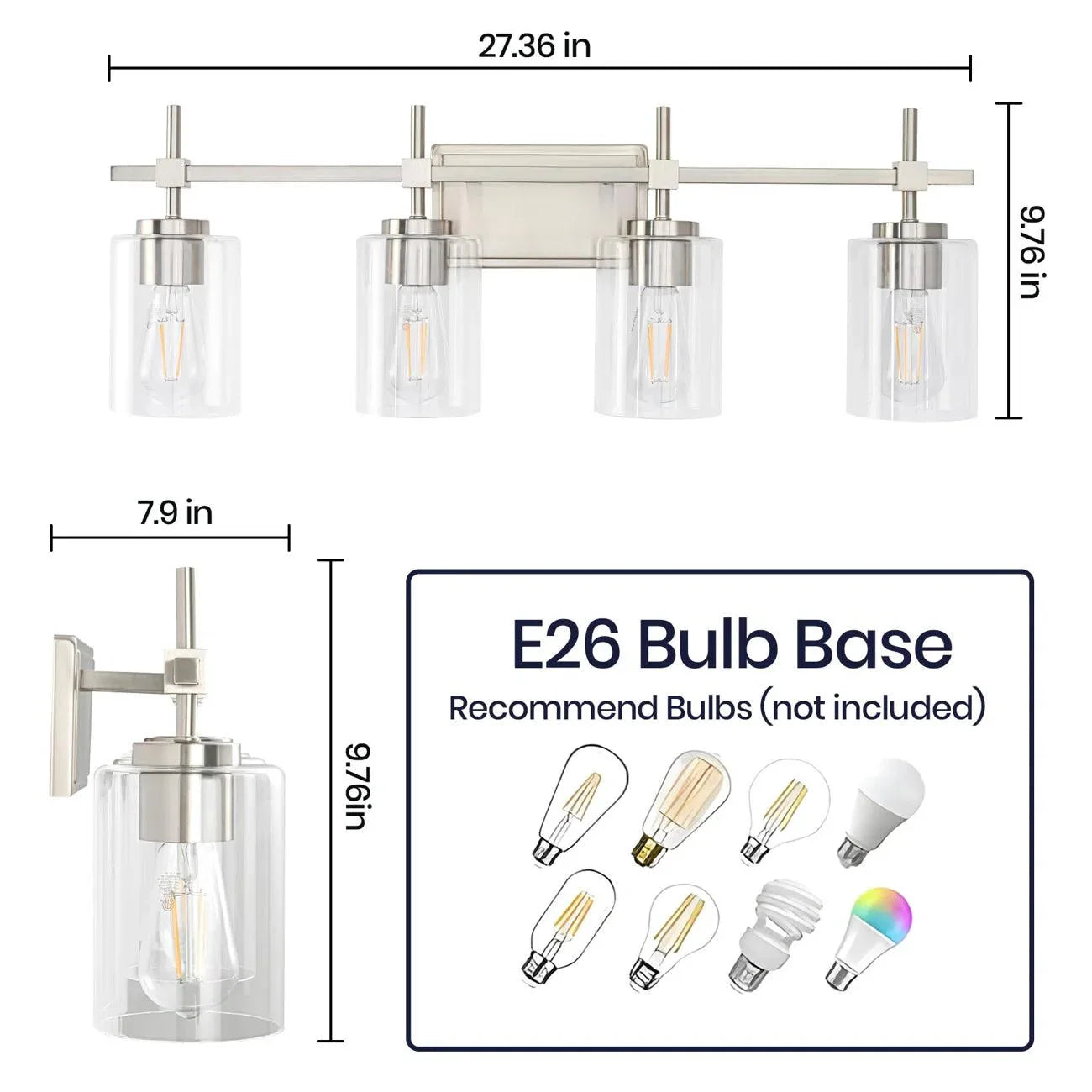 Jasper Modern 4-Light Clear Glass Bathroom Lights Linear Vanity Light
