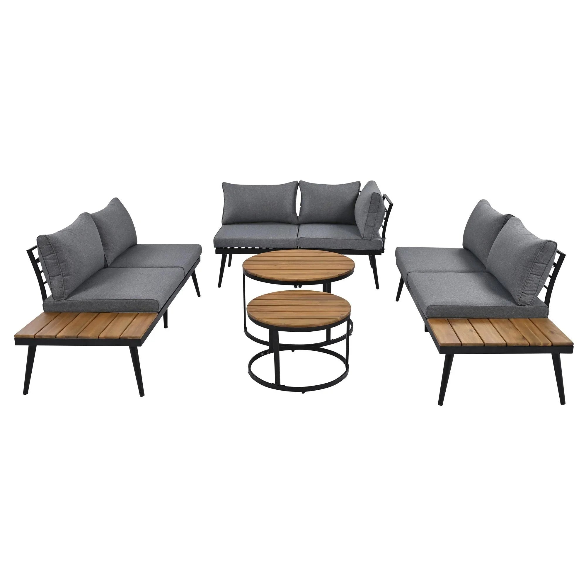 6-Piece Outdoor Sectional Sofa Set with Round Nesting Coffee Tables and Seating Sofa with Cushions for Patio, Porch and Garden