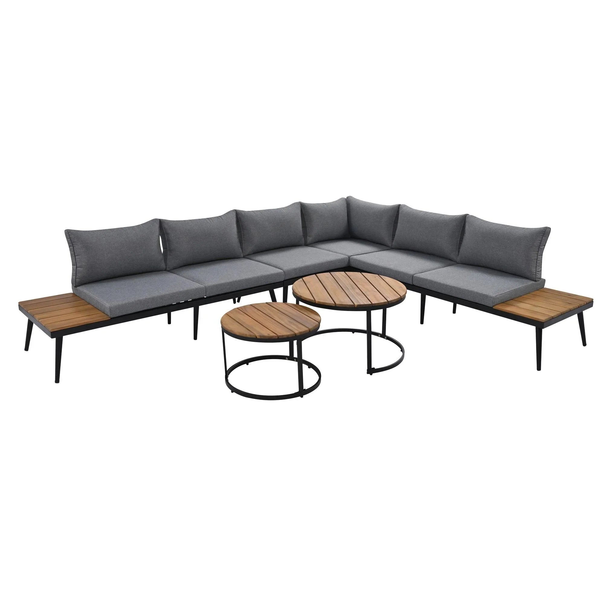 6-Piece Outdoor Sectional Sofa Set with Round Nesting Coffee Tables and Seating Sofa with Cushions for Patio, Porch and Garden