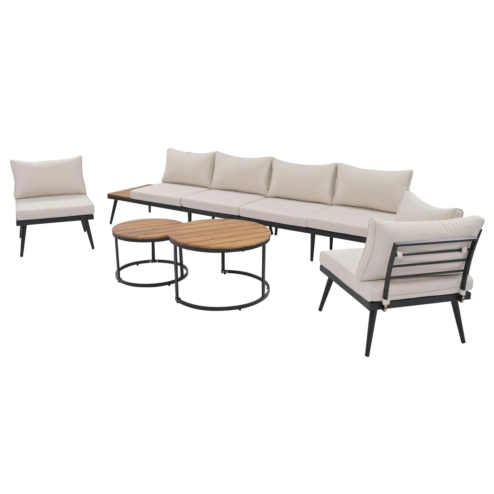 6-Piece Outdoor Sectional Sofa Set with Round Nesting Coffee Tables and Seating Sofa with Cushions for Patio, Porch and Garden