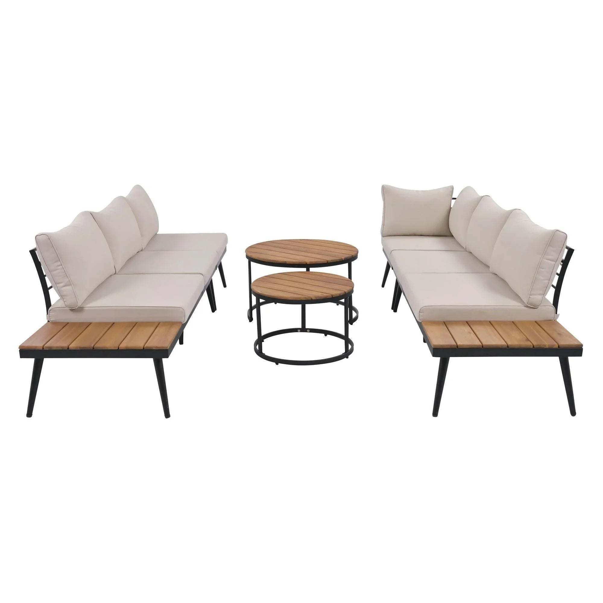 6-Piece Outdoor Sectional Sofa Set with Round Nesting Coffee Tables and Seating Sofa with Cushions for Patio, Porch and Garden