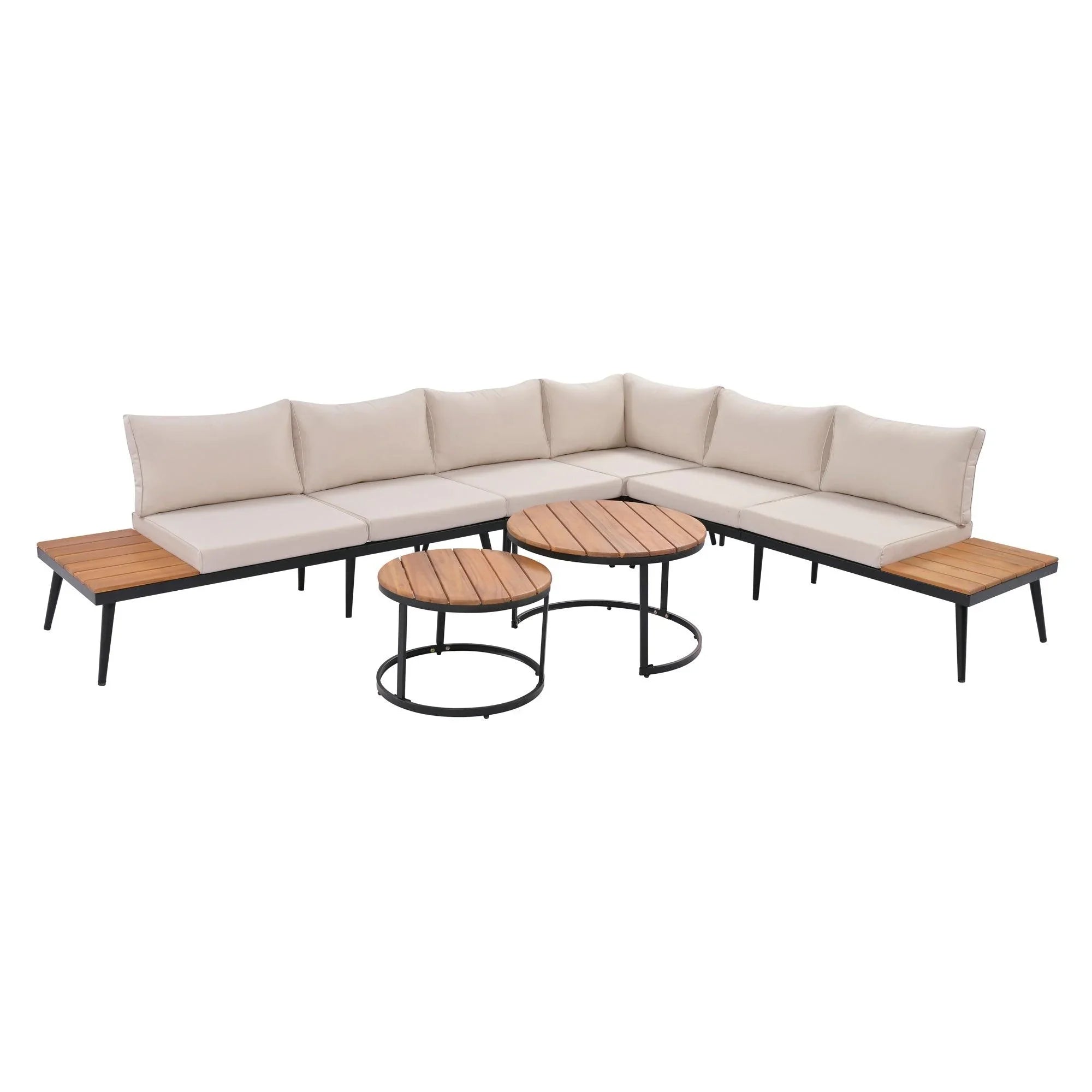 6-Piece Outdoor Sectional Sofa Set with Round Nesting Coffee Tables and Seating Sofa with Cushions for Patio, Porch and Garden