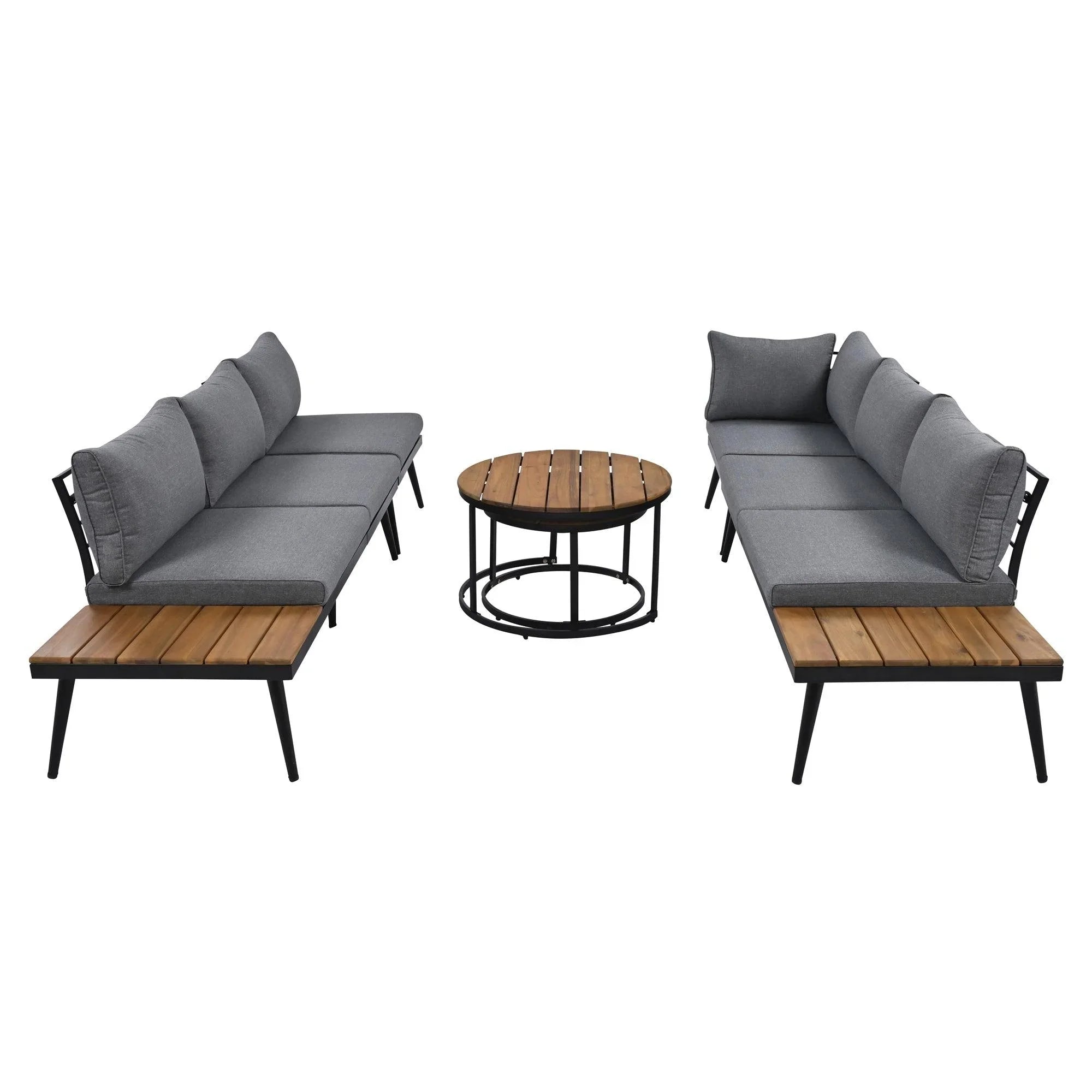 6-Piece Outdoor Sectional Sofa Set with Round Nesting Coffee Tables and Seating Sofa with Cushions for Patio, Porch and Garden
