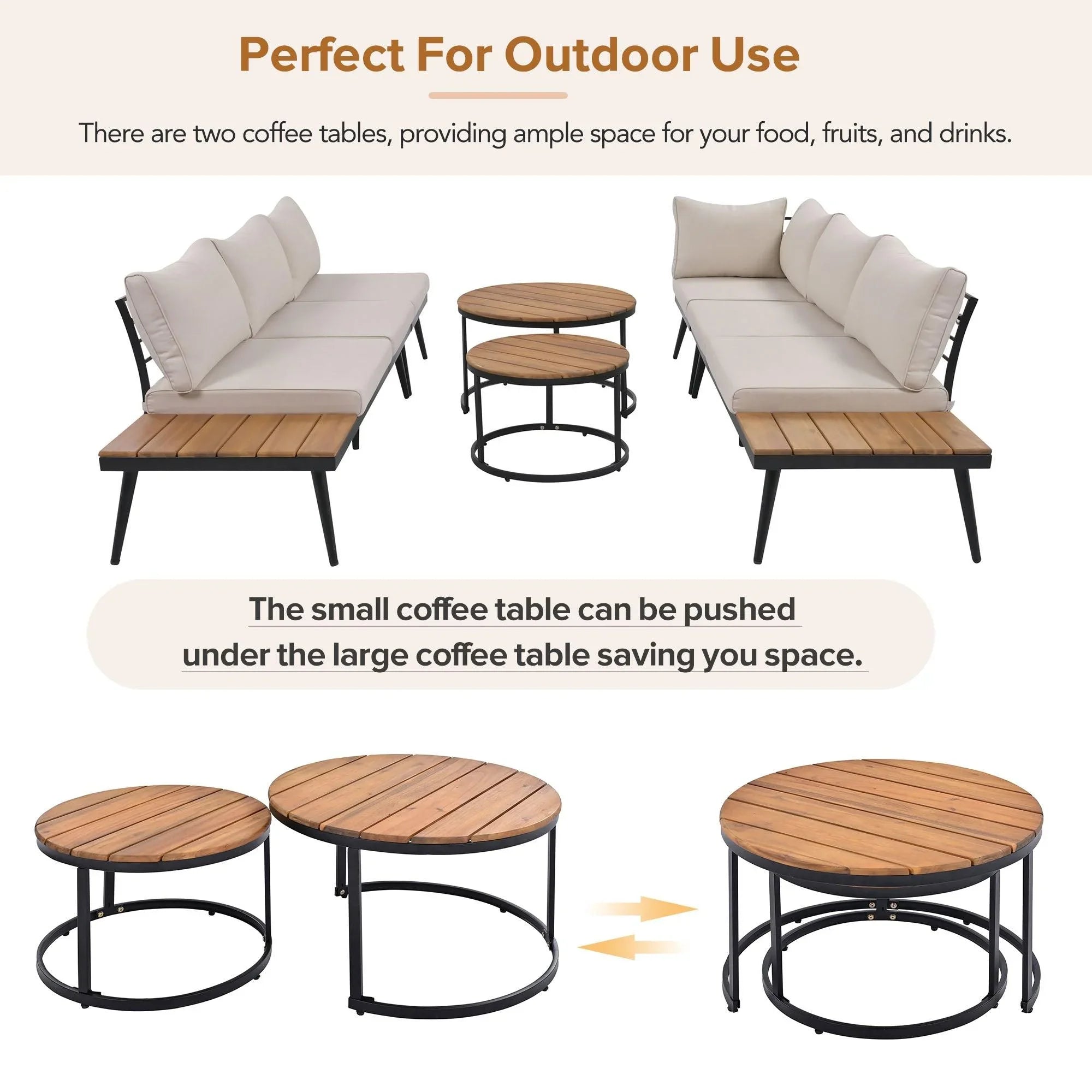 6-Piece Outdoor Sectional Sofa Set with Round Nesting Coffee Tables and Seating Sofa with Cushions for Patio, Porch and Garden