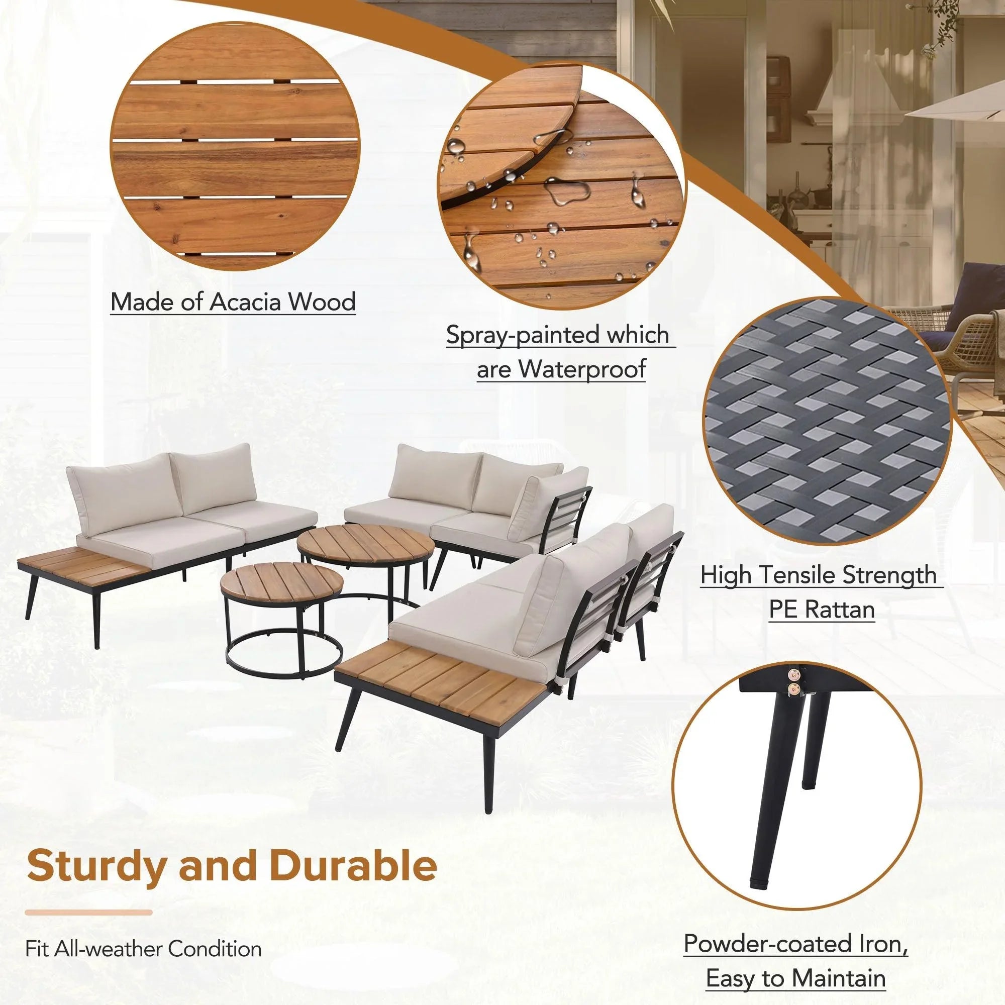 6-Piece Outdoor Sectional Sofa Set with Round Nesting Coffee Tables and Seating Sofa with Cushions for Patio, Porch and Garden