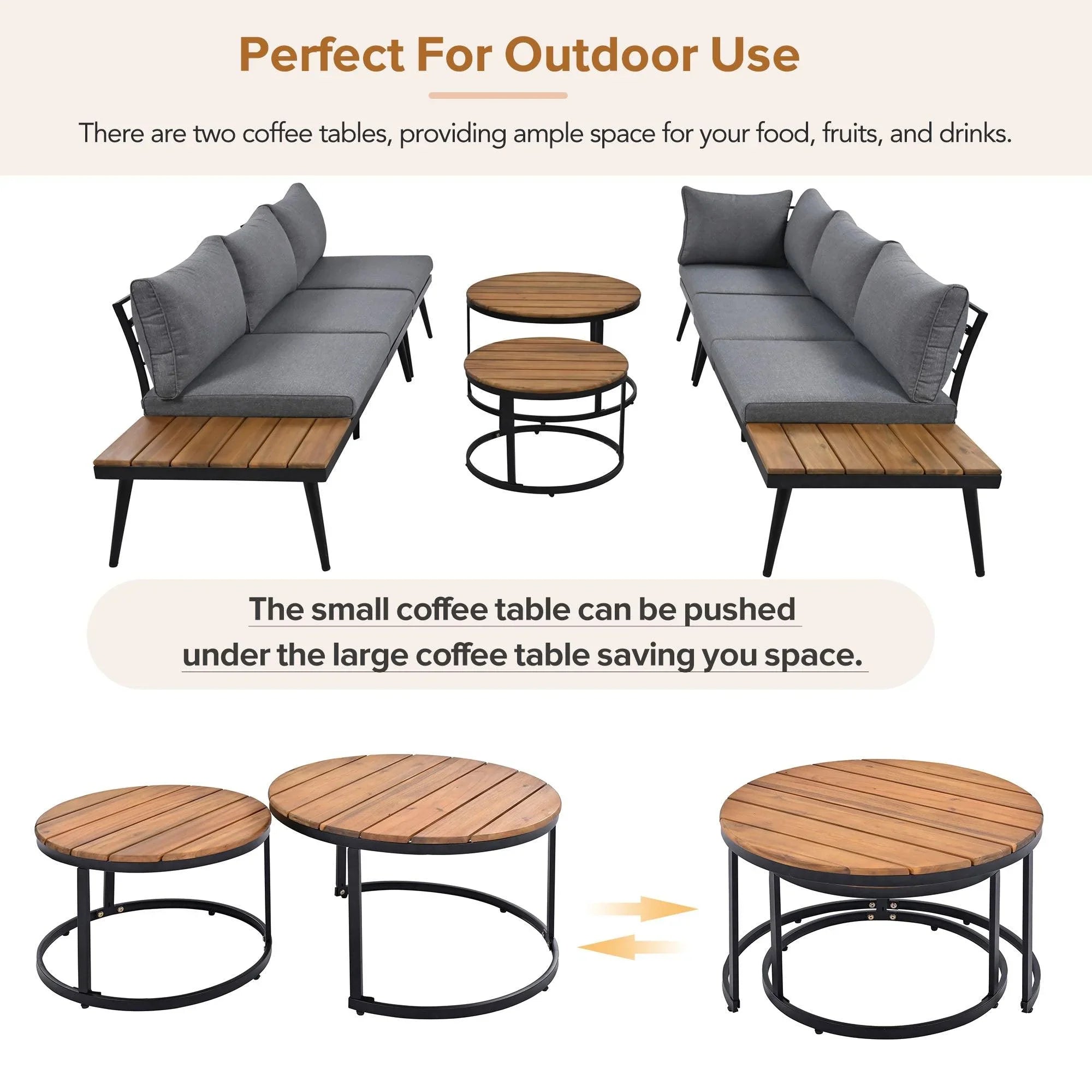 6-Piece Outdoor Sectional Sofa Set with Round Nesting Coffee Tables and Seating Sofa with Cushions for Patio, Porch and Garden