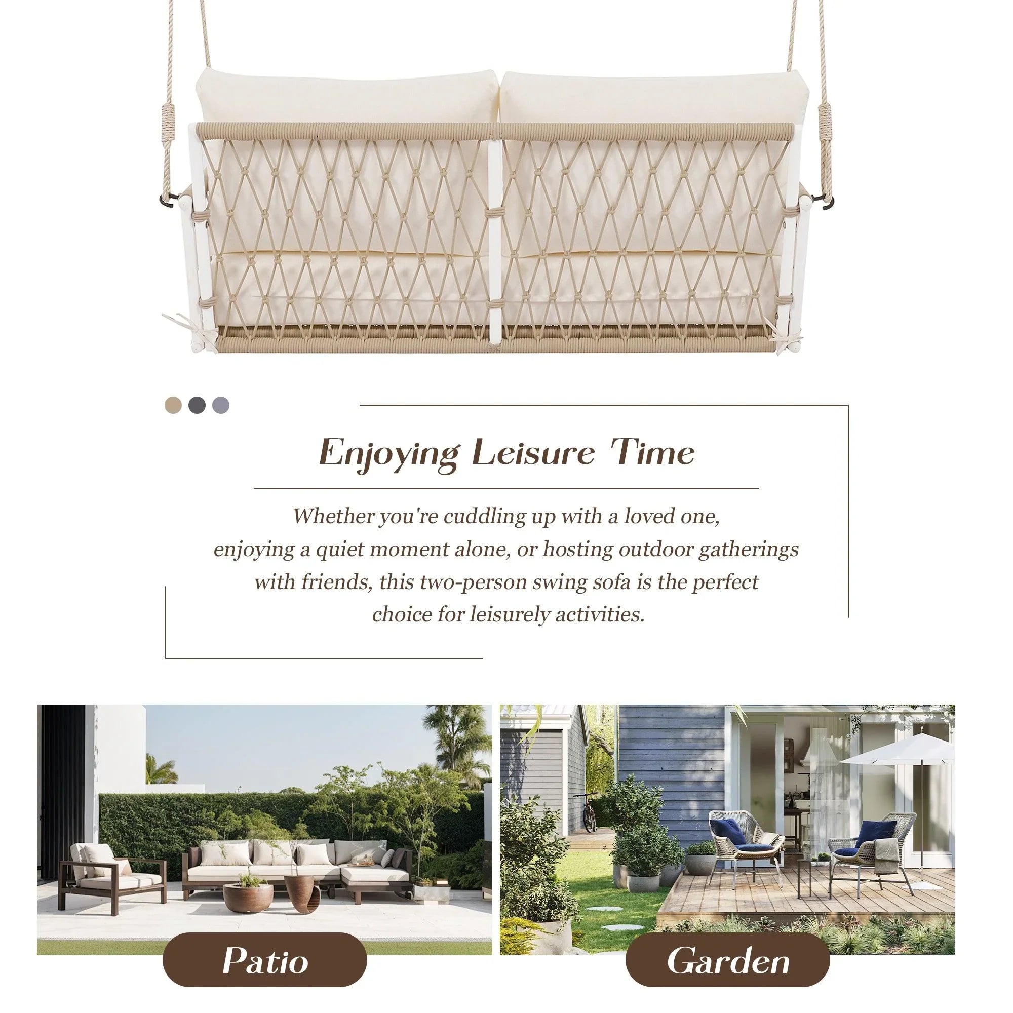 1-Piece Woven Rope Outdoor Swing Sofa with Soft Cushions Seating 2 for Patio, Courtyard and Balcony