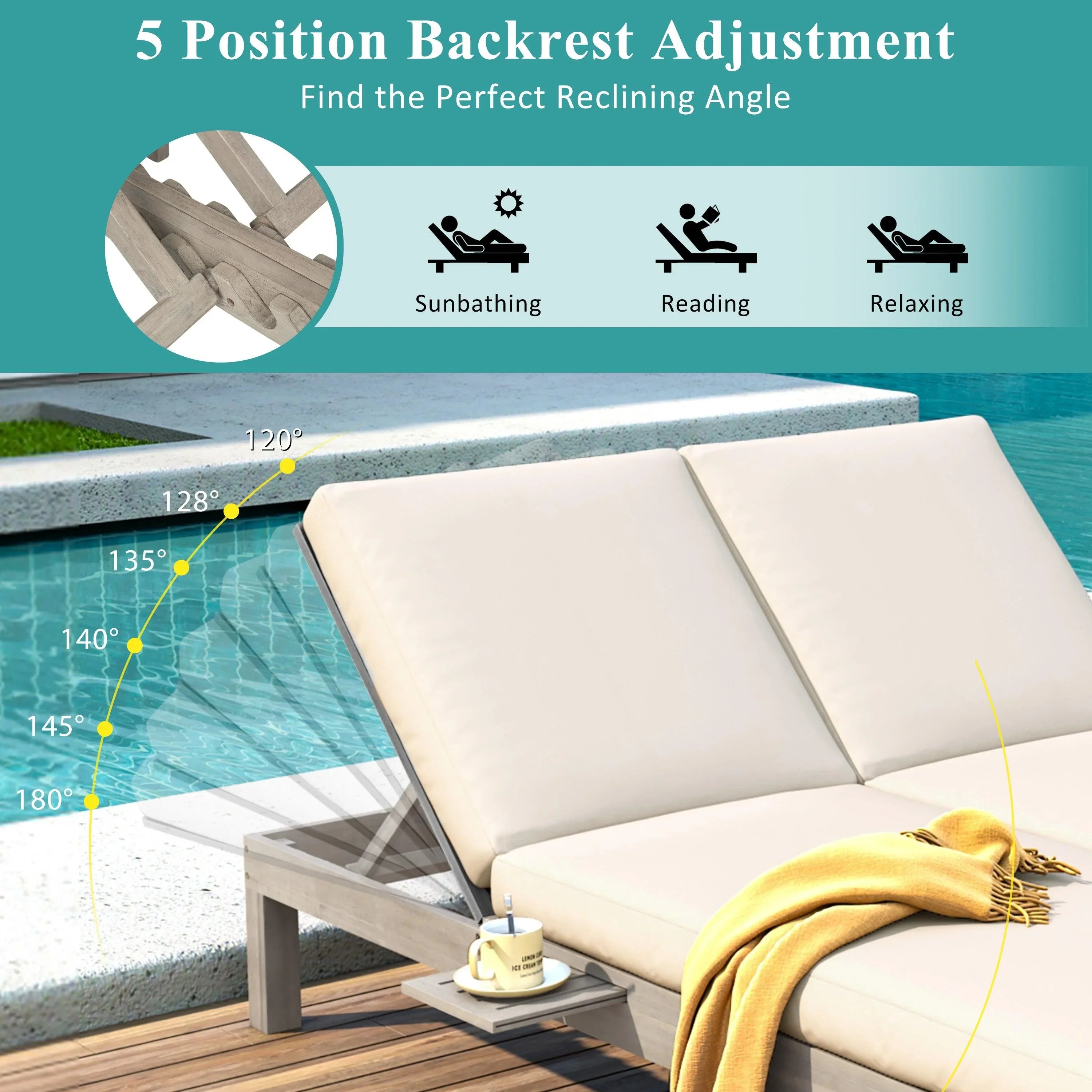 5-Position Adjustable Backrest Outdoor Chaise Lounge Daybed with Cushion and Folding Side Trays for 2 People, Poolside Garden