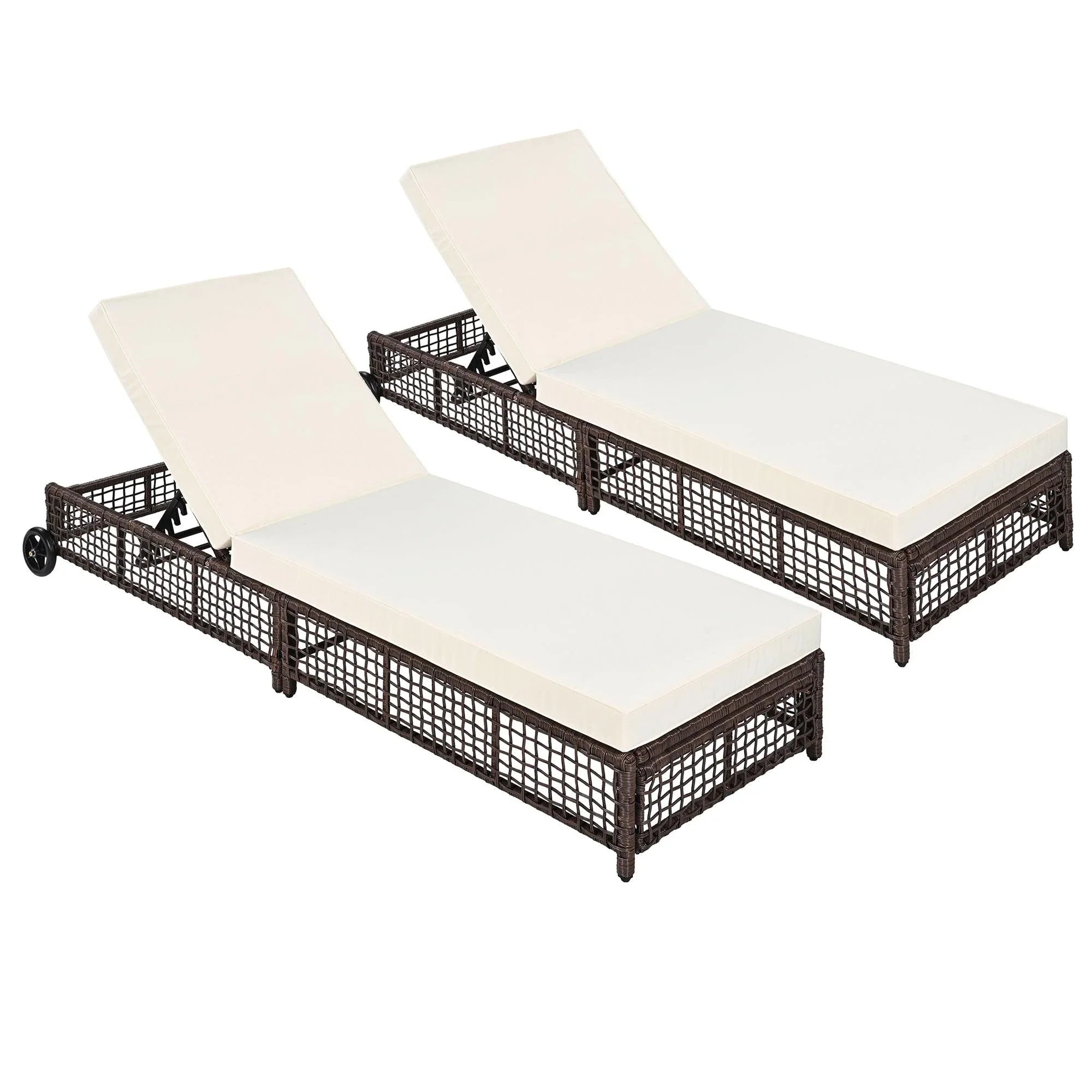 Outdoor Lounge Chair, Patio Chaise Lounge with 5-Position Backrest, Rattan Outdoor Lounge Chair with Cushion and Wheels for Poolside, Backyard, Garden