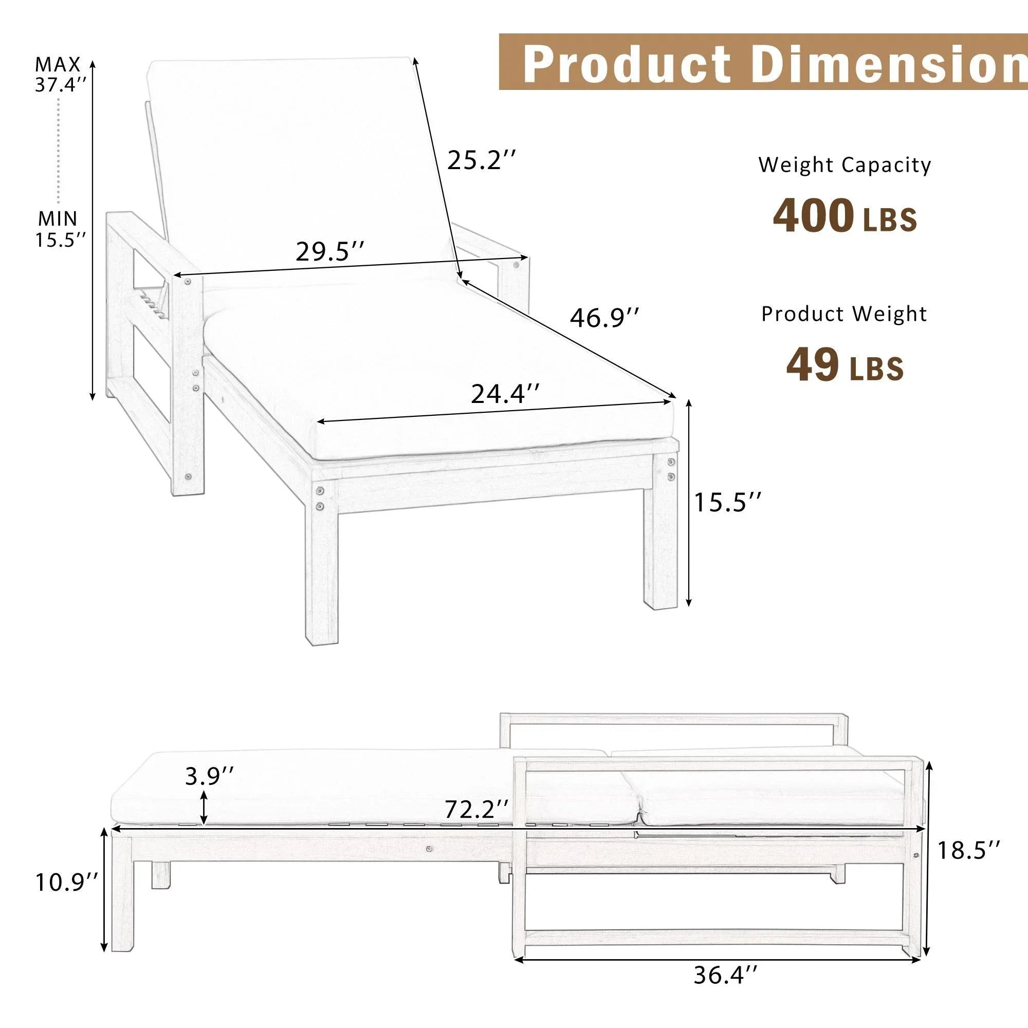 Outdoor Lounge Chairs, 5-Position Chaise Lounge Outdoor, Patio Chaise Lounge with Cushion & Adjustable Backrest, Pool Lounge Chairs for Backyard, Deck, and Lawn