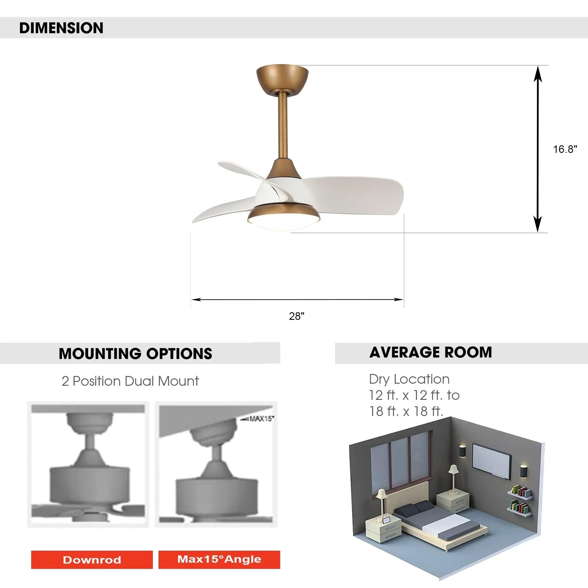28" Modern DC Motor Downrod Mount Reversible Ceiling Fan with LED Lighting and Remote Control - ParrotUncle