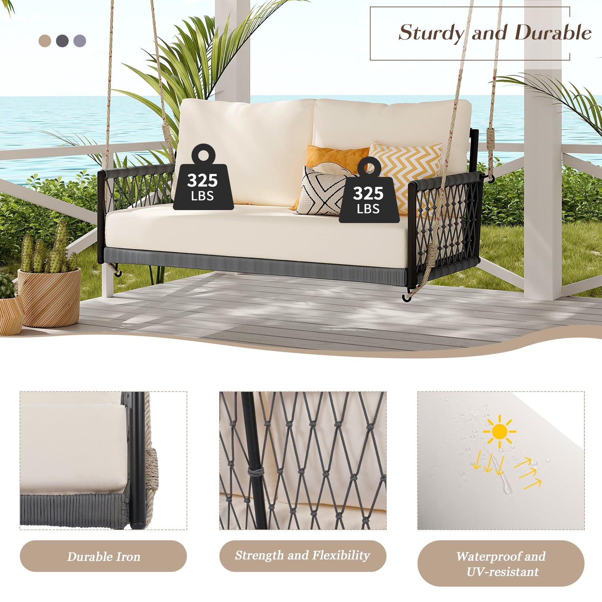 1-Piece Woven Rope Outdoor Swing Sofa with Soft Cushions Seating 2 for Patio, Courtyard and Balcony