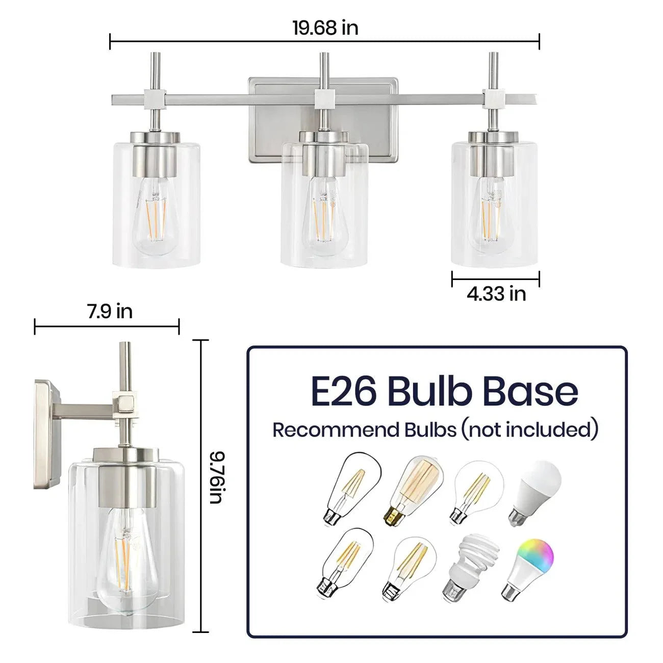 Jasper 3-Light Modern Clear Glass Bathroom Vanity Light, Black & Nickel