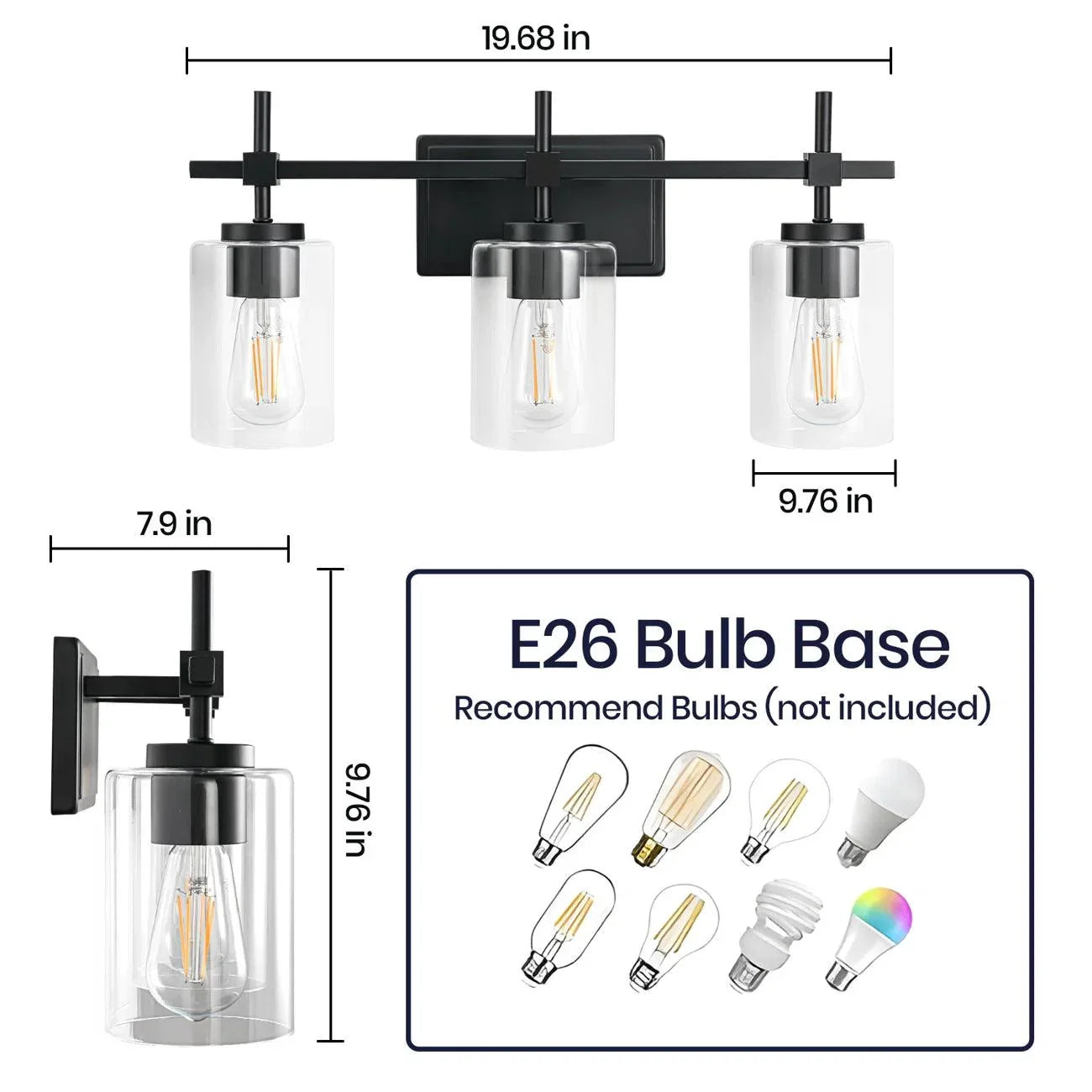 Jasper 3-Light Modern Clear Glass Bathroom Vanity Light, Black & Nickel