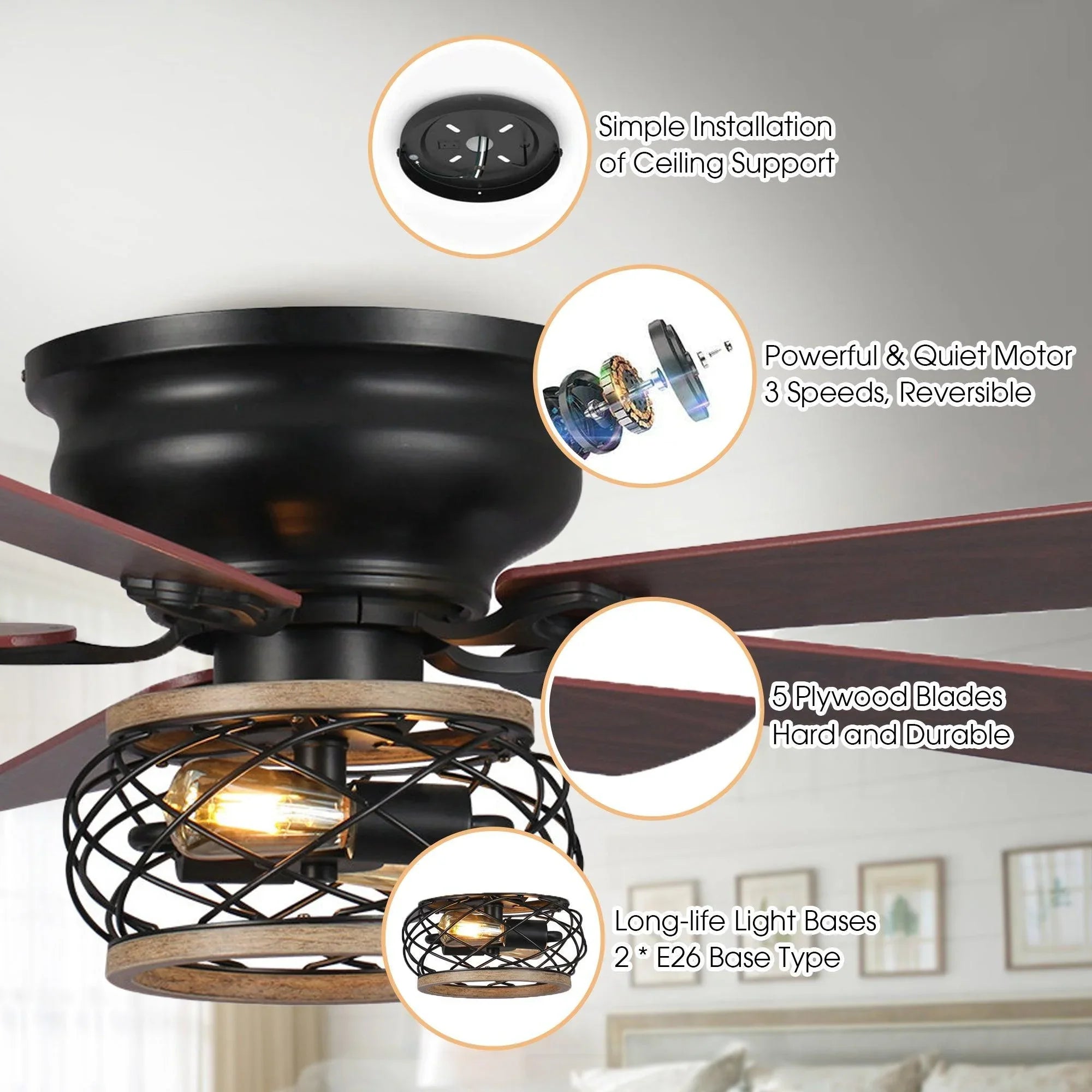 48"Antwerp Farmhouse Flush Mount Reversible Ceiling Fan with Lighting and Remote Control - ParrotUncle