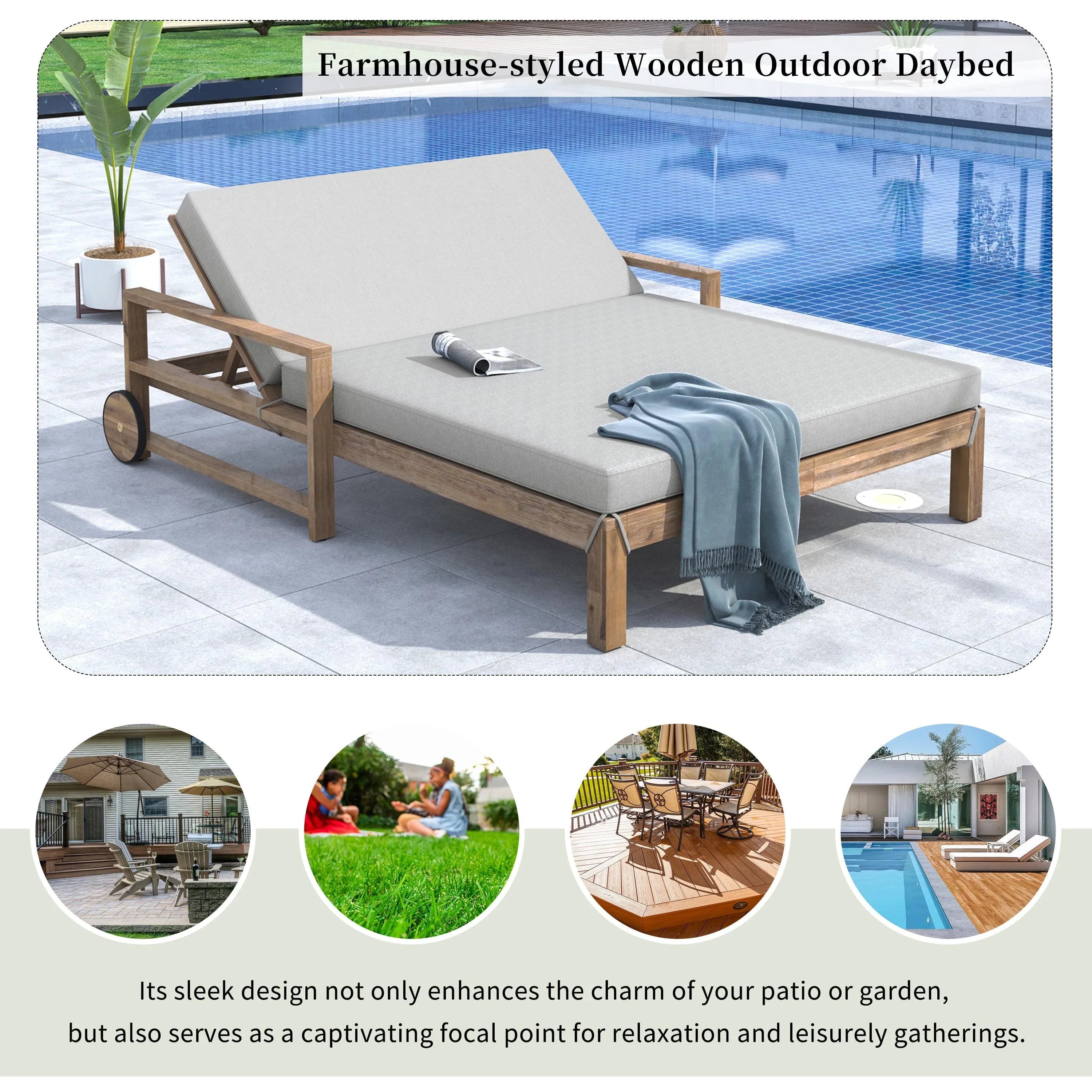 1-Piece Farmhouse-styled Wooden Outdoor Sunbed for Ultimate Relaxation, Poolside, Garden and Backyard