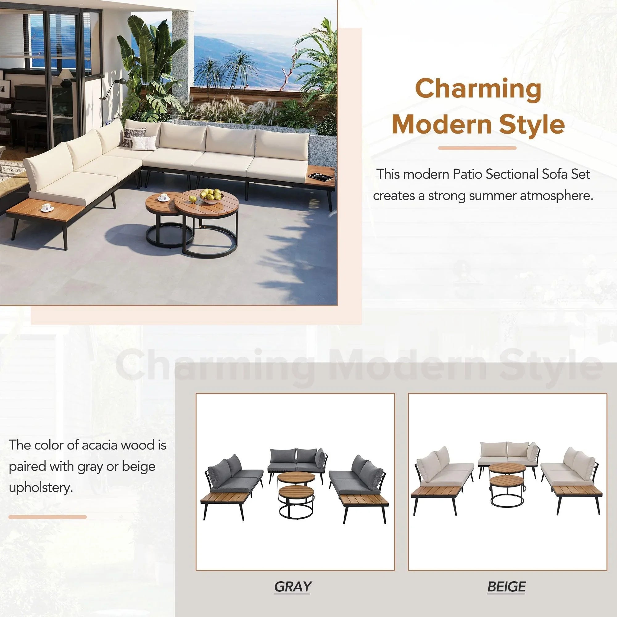 6-Piece Outdoor Sectional Sofa Set with Round Nesting Coffee Tables and Seating Sofa with Cushions for Patio, Porch and Garden