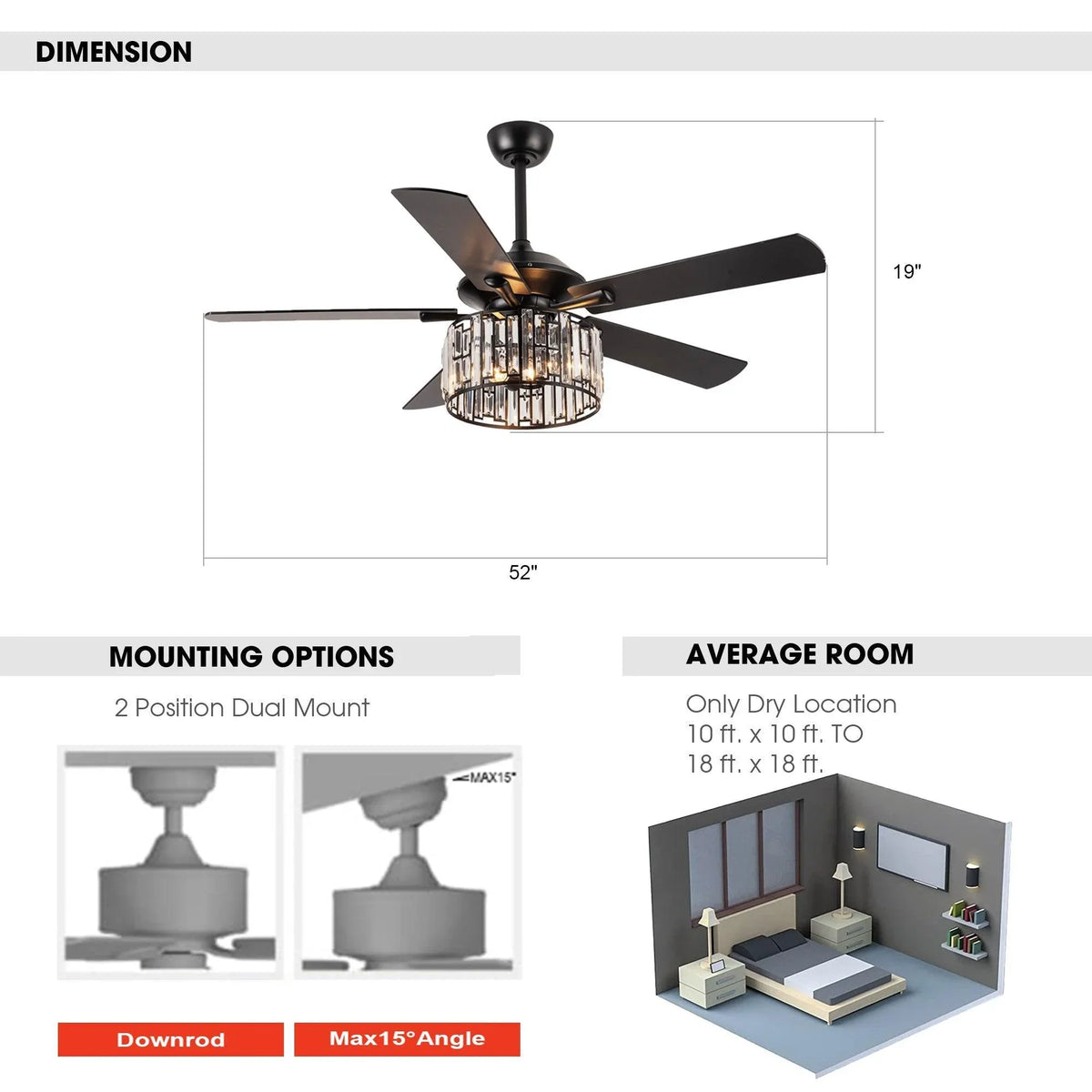52" Dicken Modern Downrod Mount Reversible Crystal Ceiling Fan with Lighting and Remote Control - ParrotUncle