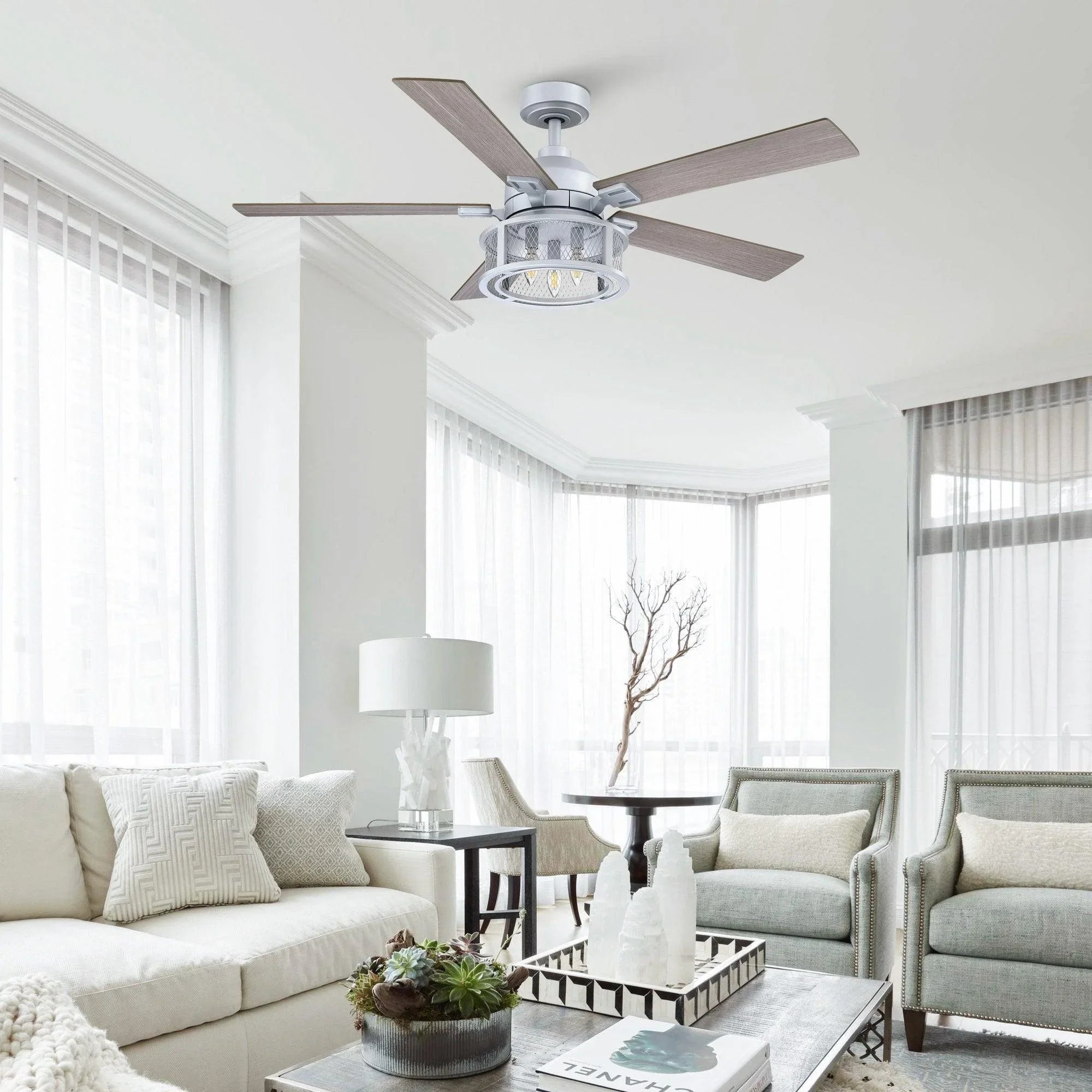 52" Lucknow Industrial Black Reversible Ceiling Fan with Lighting and Remote Control - ParrotUncle
