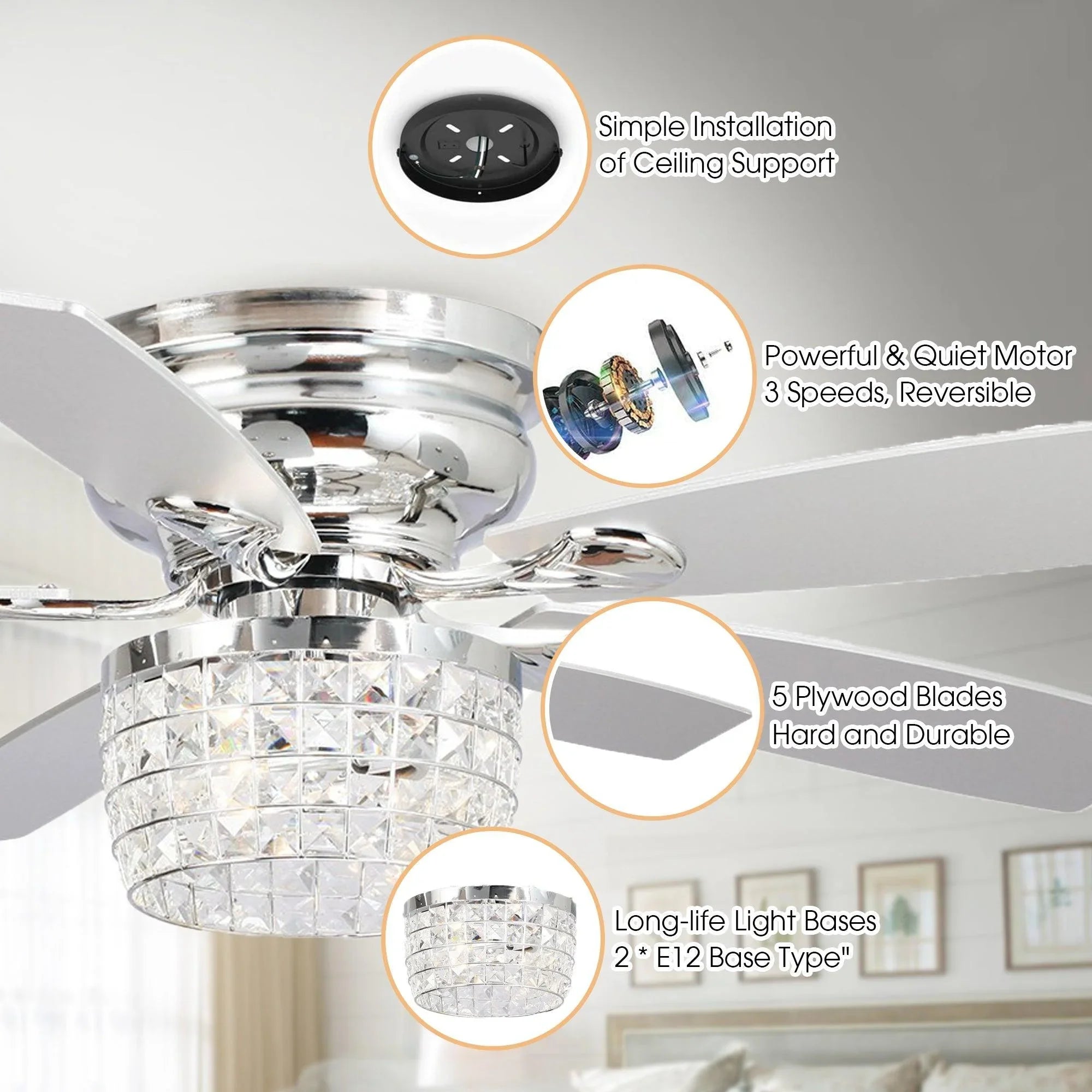 52" Panipat Modern Chrome Flush Mount Reversible Crystal Ceiling Fan with Lighting and Remote Control - ParrotUncle