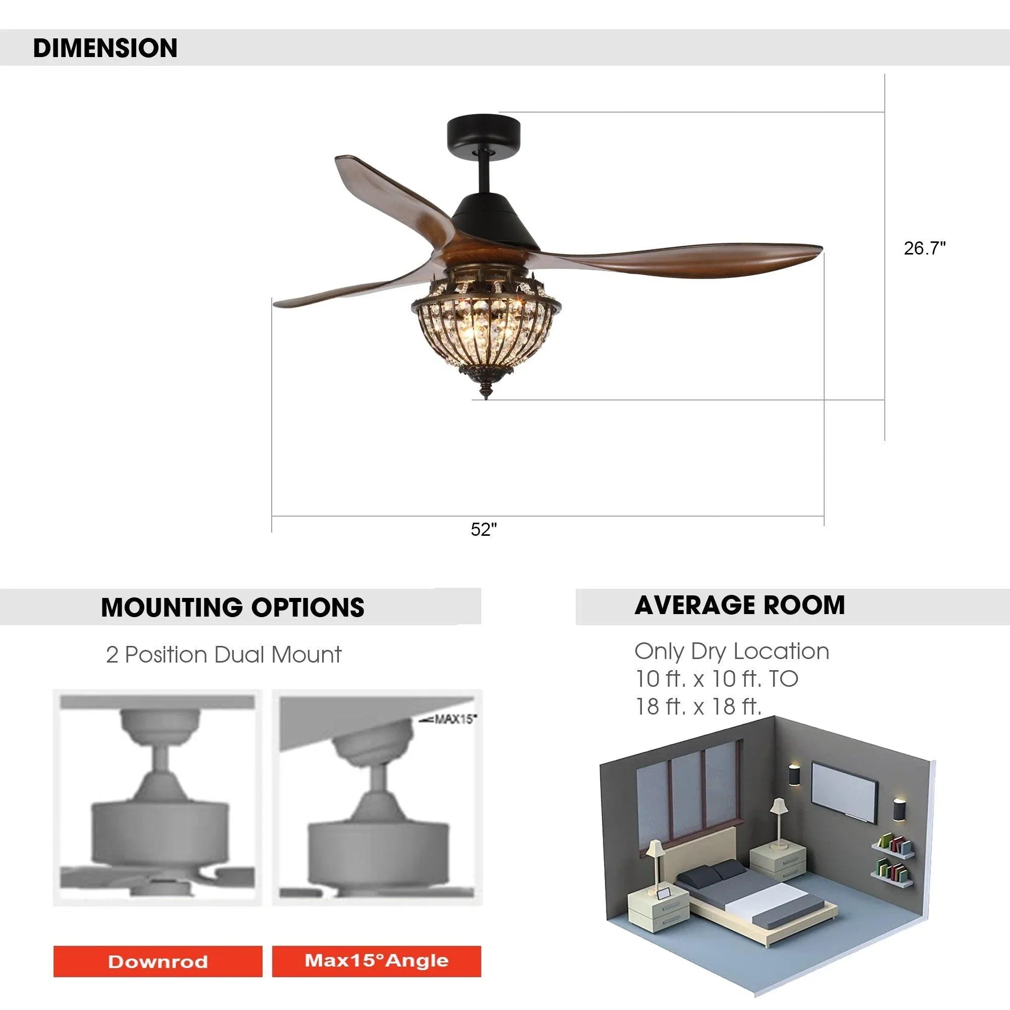 52" Vicky Rustic DC Motor Downrod Mount Reversible Ceiling Fan with Lighting and Remote Control - ParrotUncle