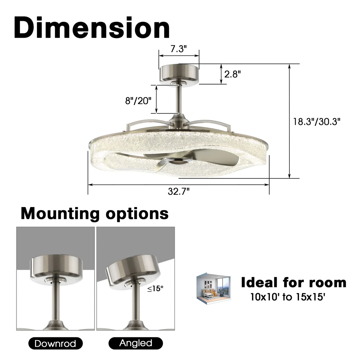 Perimost 33 Inch Satin Nickel Downrod Mount Luxury Fandelier with Light and Remote Control