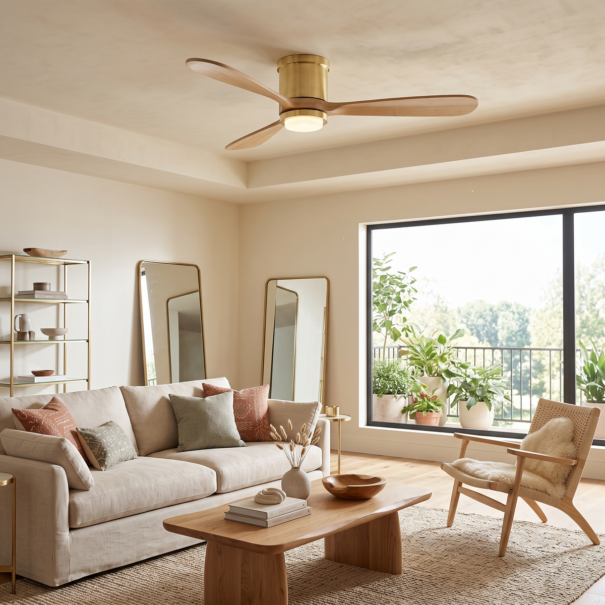 Modern ceiling fan with wooden blades and gold finish with integrated light