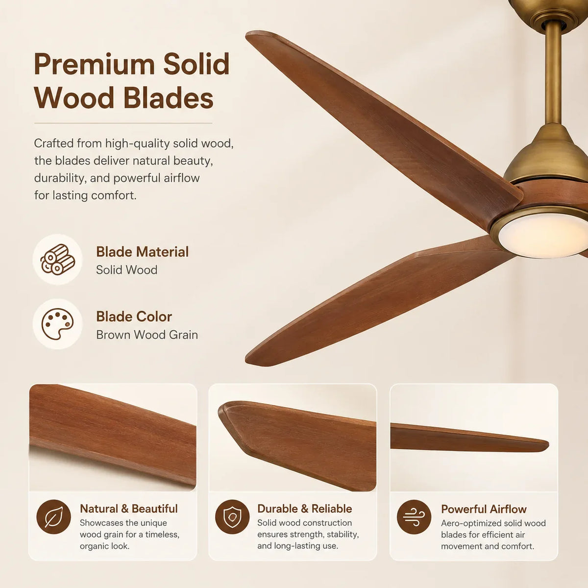 Ceiling fan with premium brown solid wood blades and a gold finish.