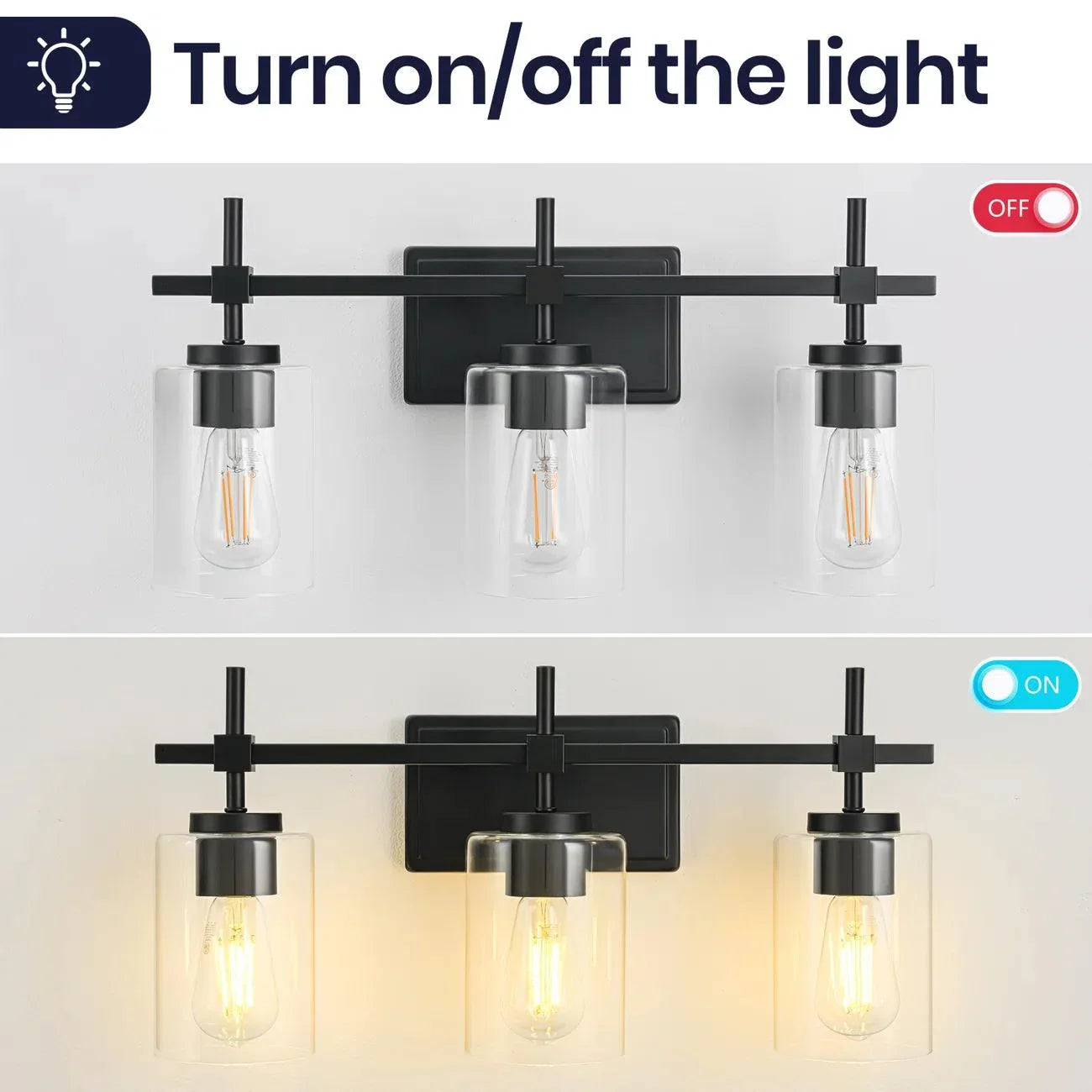 Jasper 3-Light Modern Clear Glass Bathroom Vanity Light, Black & Nickel