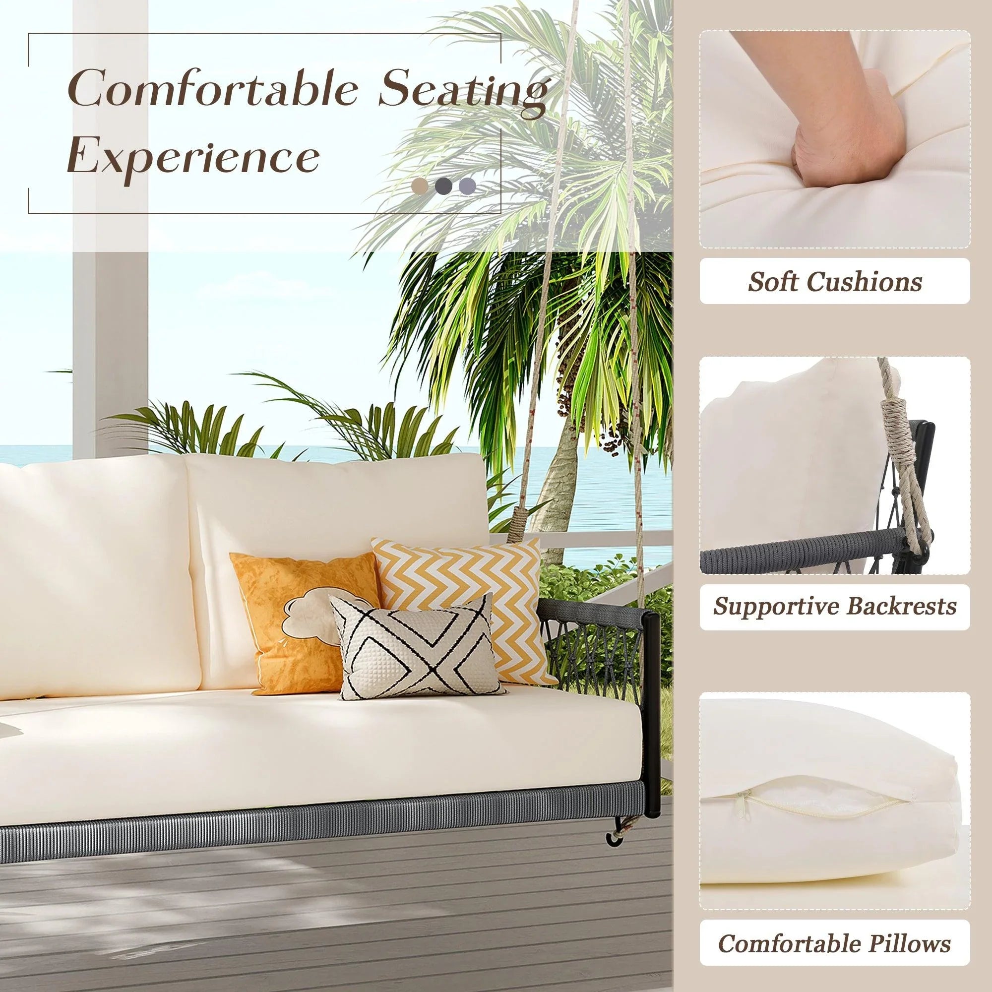 1-Piece Woven Rope Outdoor Swing Sofa with Soft Cushions Seating 2 for Patio, Courtyard and Balcony