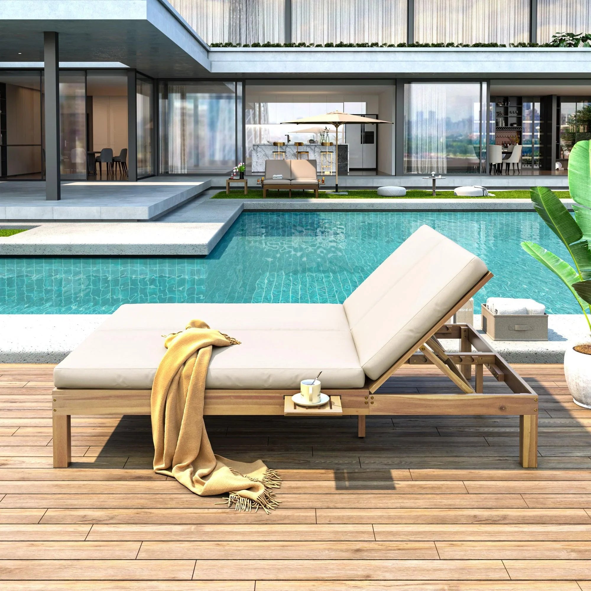 5-Position Adjustable Backrest Outdoor Chaise Lounge Daybed with Cushion and Folding Side Trays for 2 People, Poolside Garden