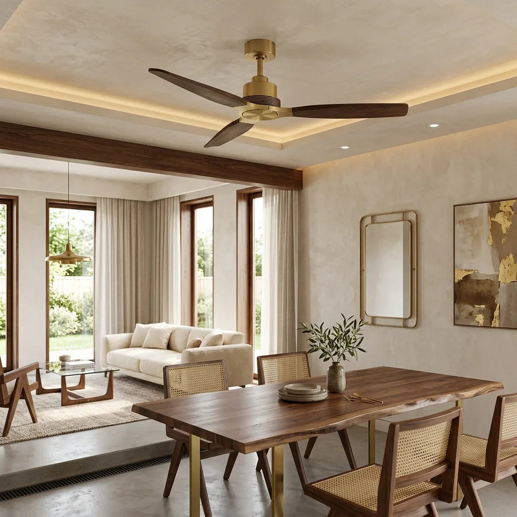 Modern gold and dark wood ceiling fan in a minimalist living room