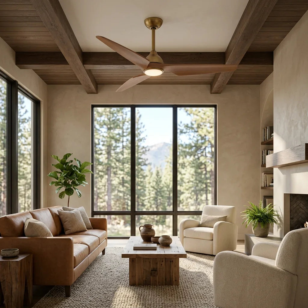 Modern wooden ceiling fan with integrated light in a rustic living room