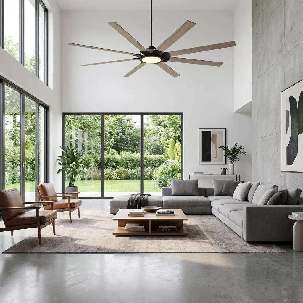 Modern wood-blade ceiling fan with integrated light in a bright living room.