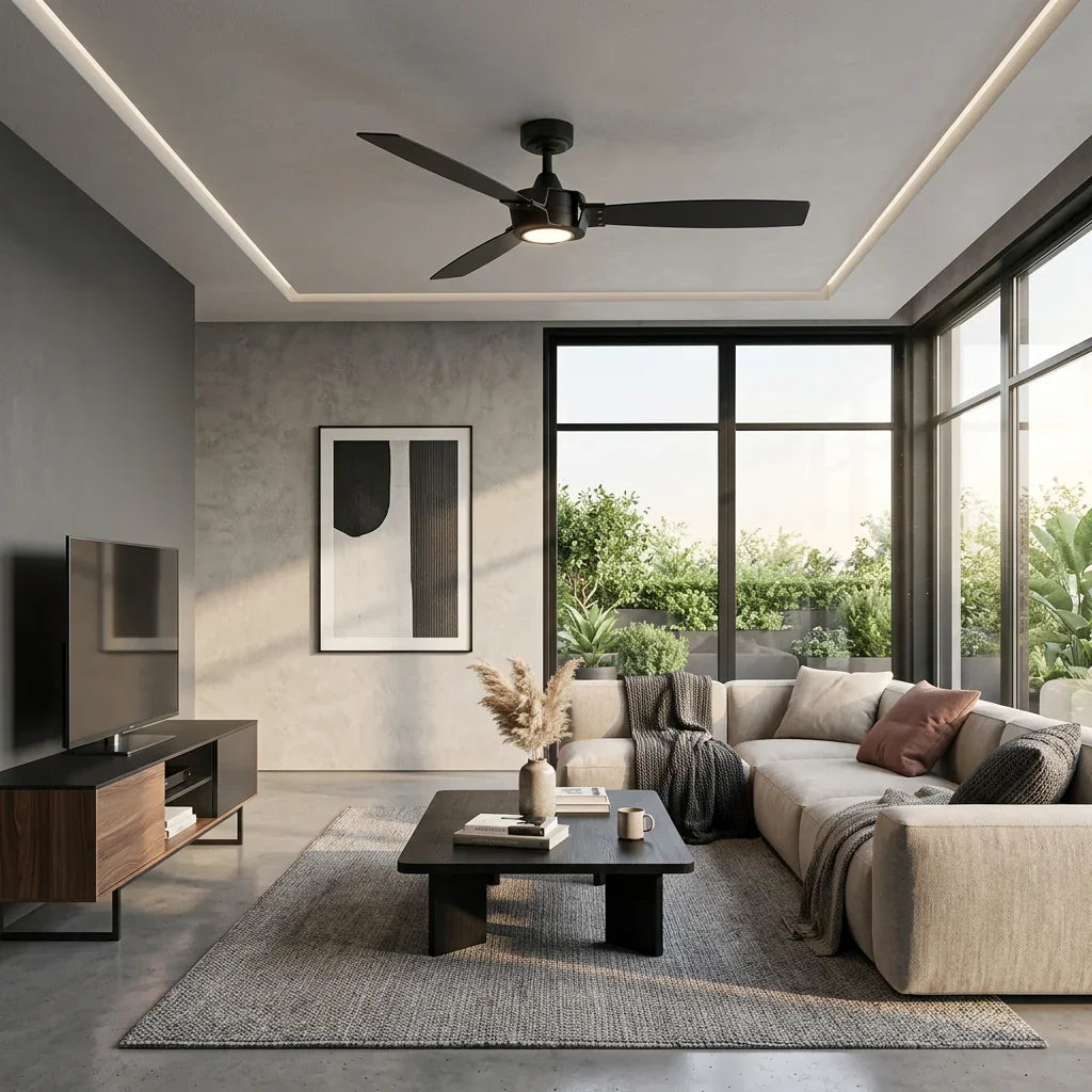 Modern black ceiling fan with integrated light installed in a contemporary living room.