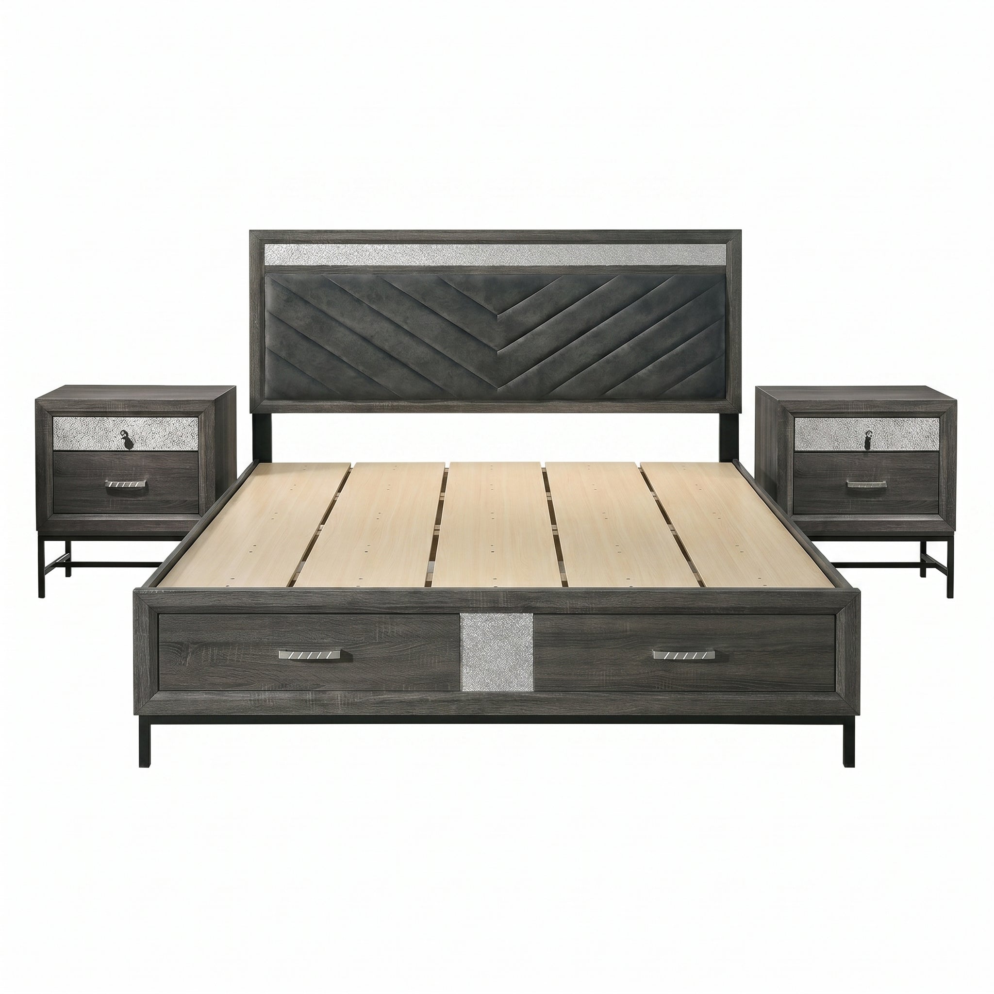 3-Piece Voleta Full & Queen & E.King Storage Platform Bedroom Set with Metal Leg