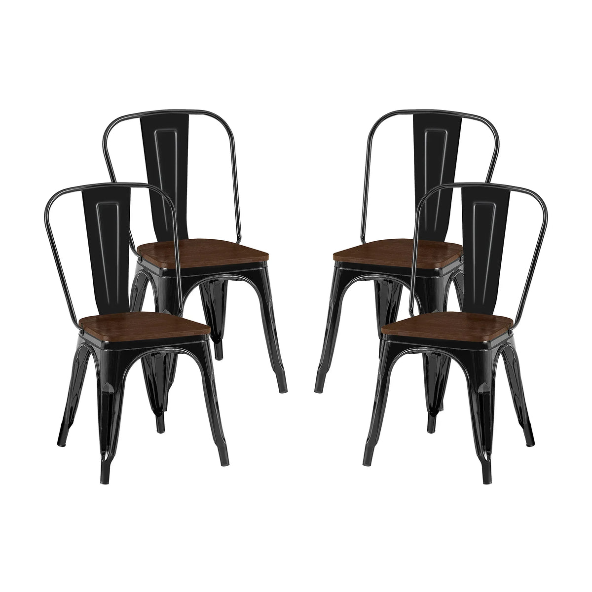 Set of 4 Industrial Metal Stackable Dining Chairs with Walnut Wooden Seat