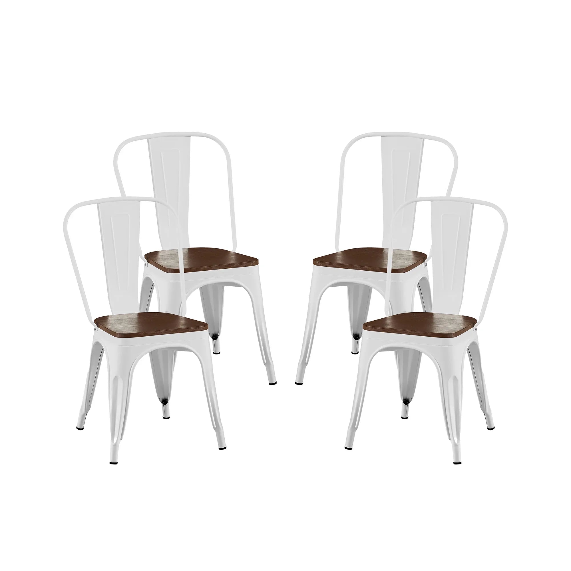 Set of 4 Industrial Metal Stackable Dining Chairs with Walnut Wooden Seat