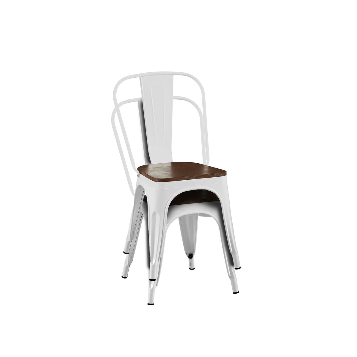 Set of 4 Industrial Metal Stackable Dining Chairs with Walnut Wooden Seat
