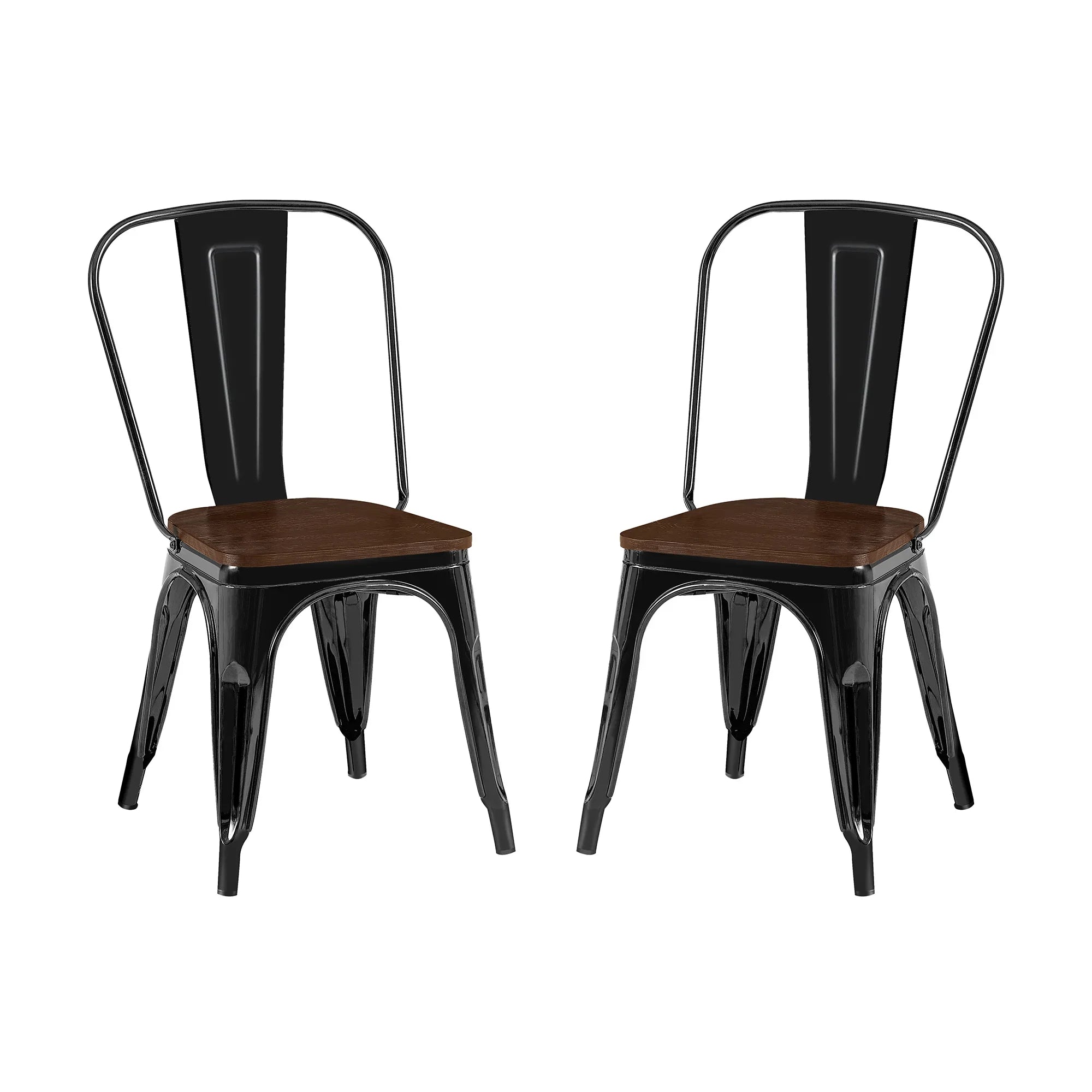 Set of 2 Industrial Metal Stackable Dining Chairs with Walnut Wooden Seat