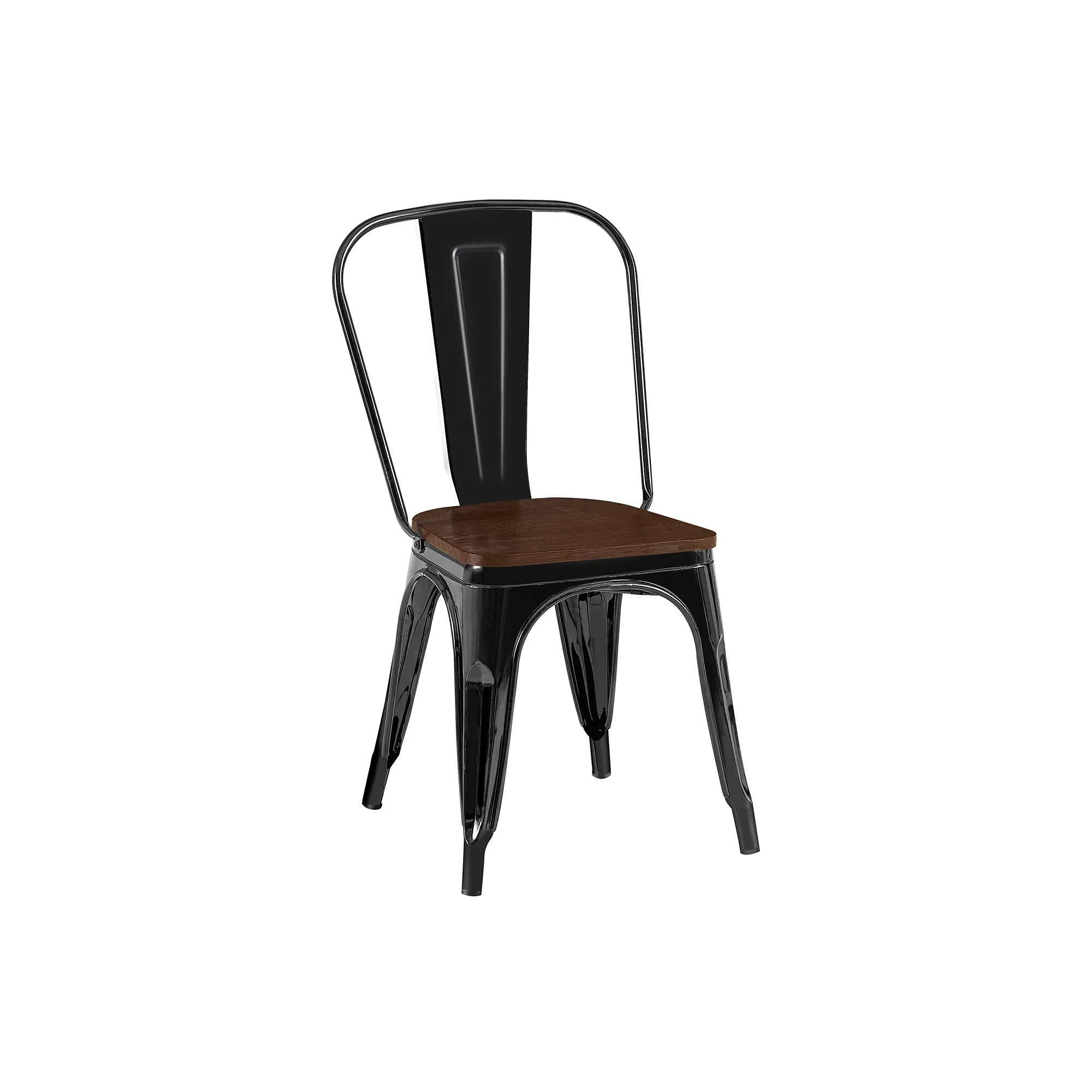 Set of 2 Industrial Metal Stackable Dining Chairs with Walnut Wooden Seat