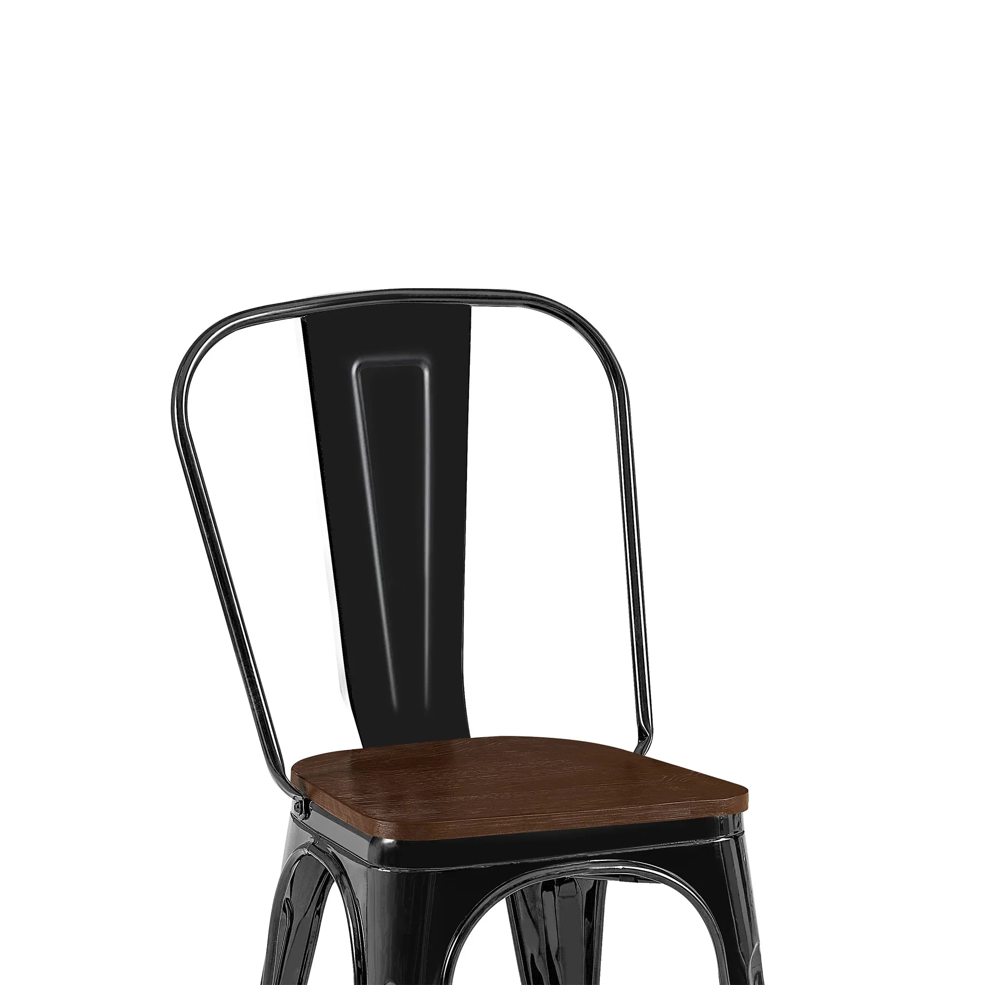 Set of 2 Industrial Metal Stackable Dining Chairs with Walnut Wooden Seat