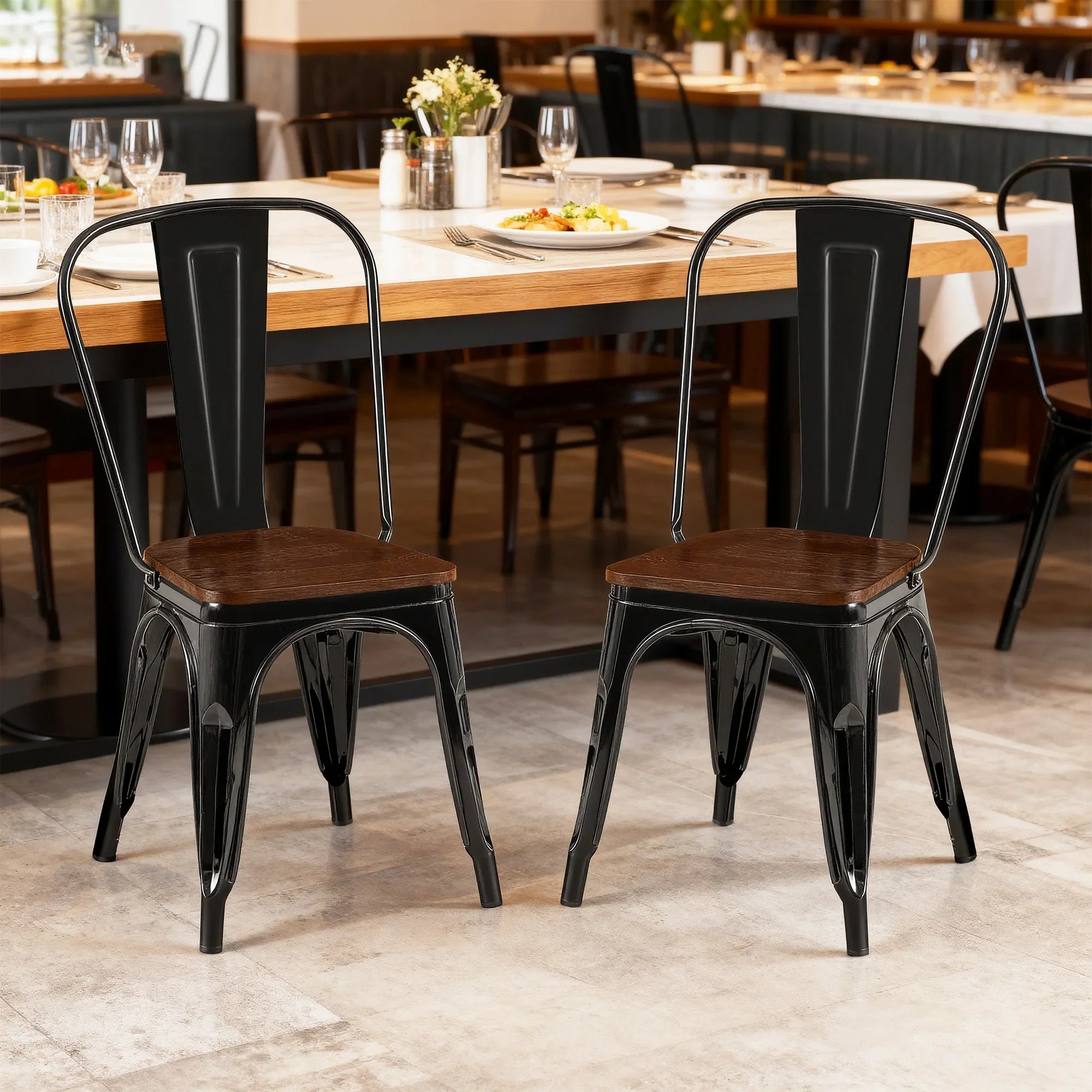 Set of 2 Industrial Metal Stackable Dining Chairs with Walnut Wooden Seat