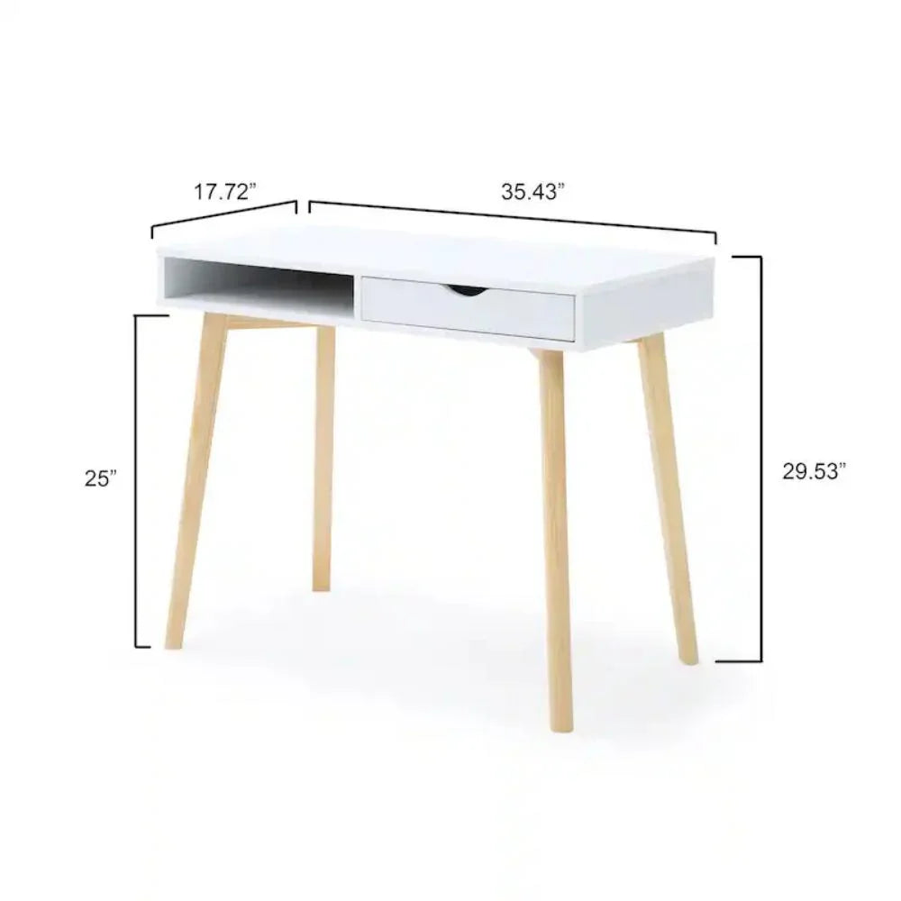Austin 35" White Desk with Drawers Hardwood Table for Computer, Home Office, Study, Dorm