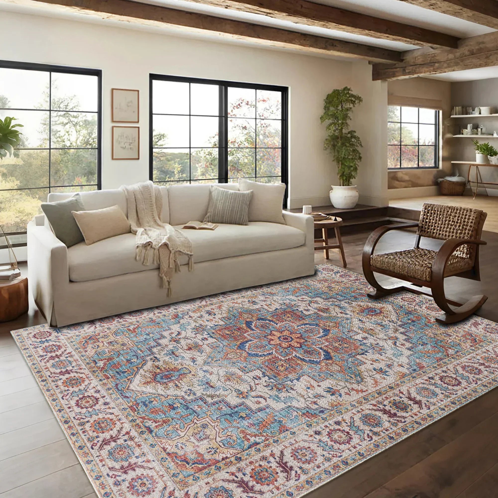 7ft x 5ft Vintage Indoor Non-Slip Washable Large Area Rugs for Bedroom Living Room
