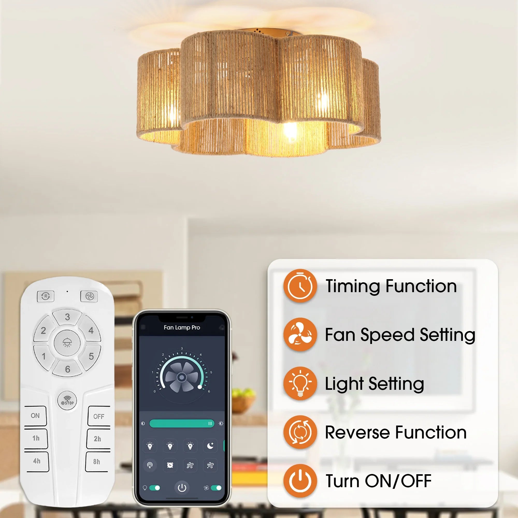 21 Inch Golden Flower-shape Farmhouse Rattan Flush Mount Ceiling Fan with Light APP and Remote Control