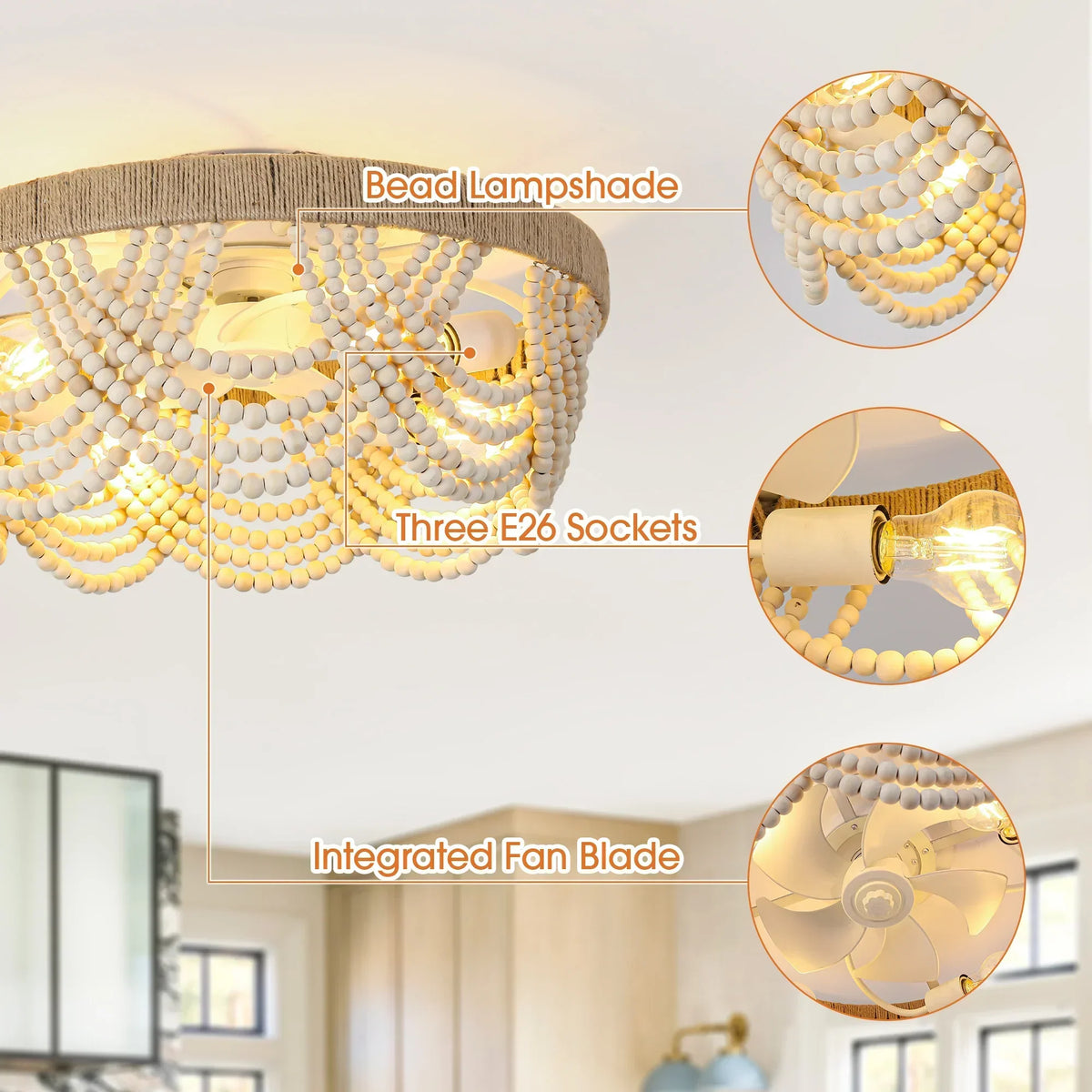 20 Inch White Farmhouse Handmade Wooden Beads Flush Mount Ceiling Fan with APP Remote Control and Lighting